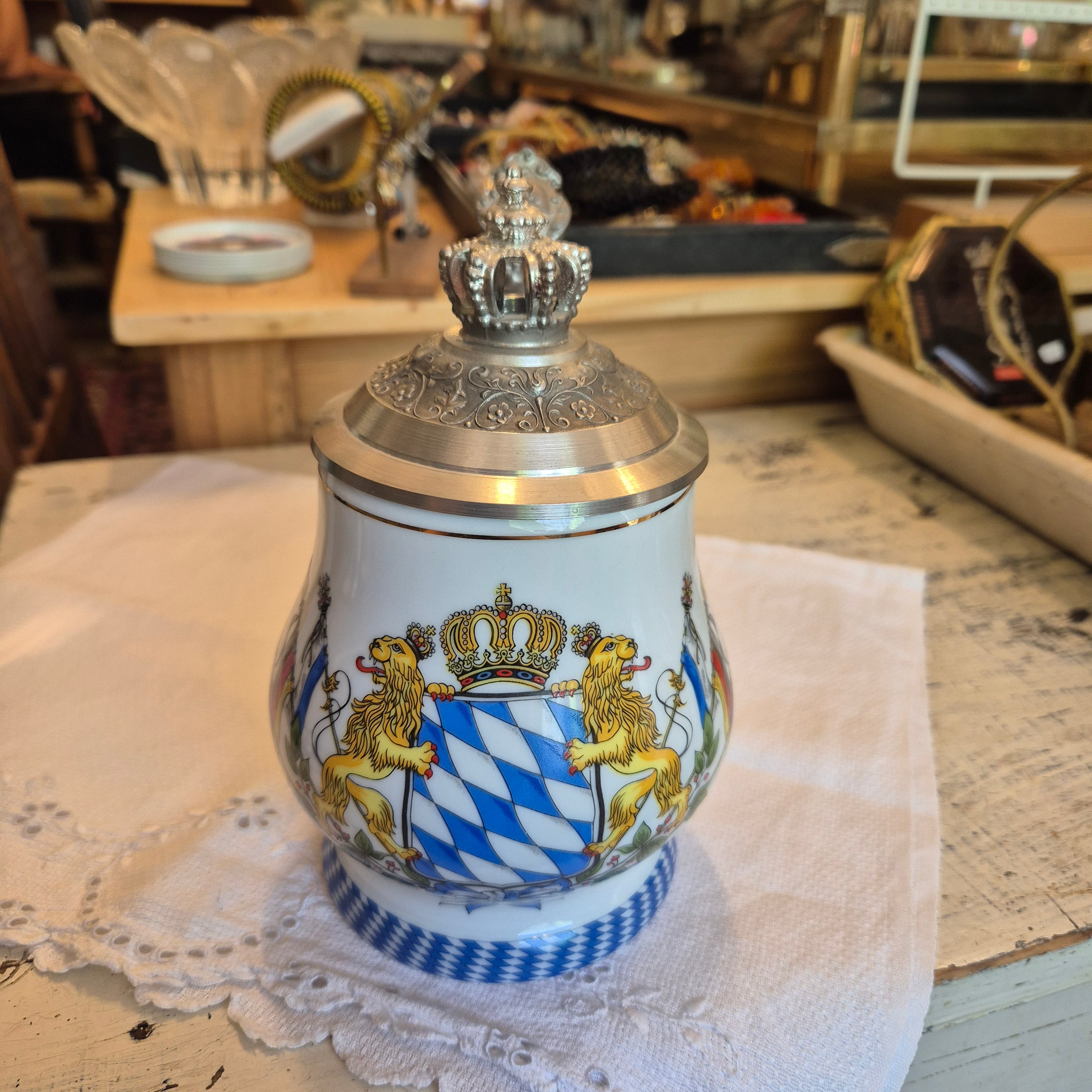 Vintage Porzellan Zinn Bierkrug mit Deckel Geschenk Kühr Sandizell Krug