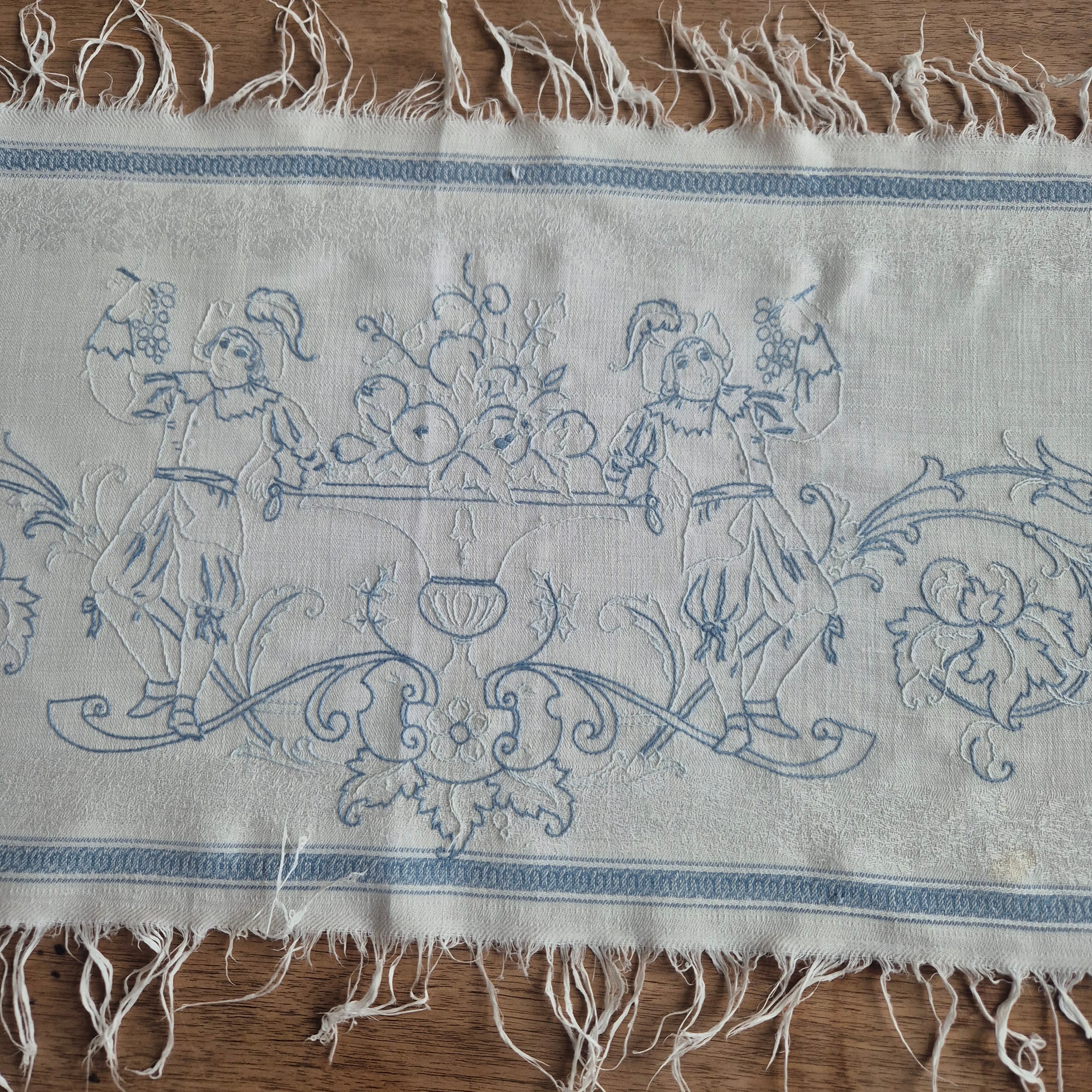 Antiker Baumwolle Tischläufer handbestickt mit mini Fleck! 32x170cm blau weiß