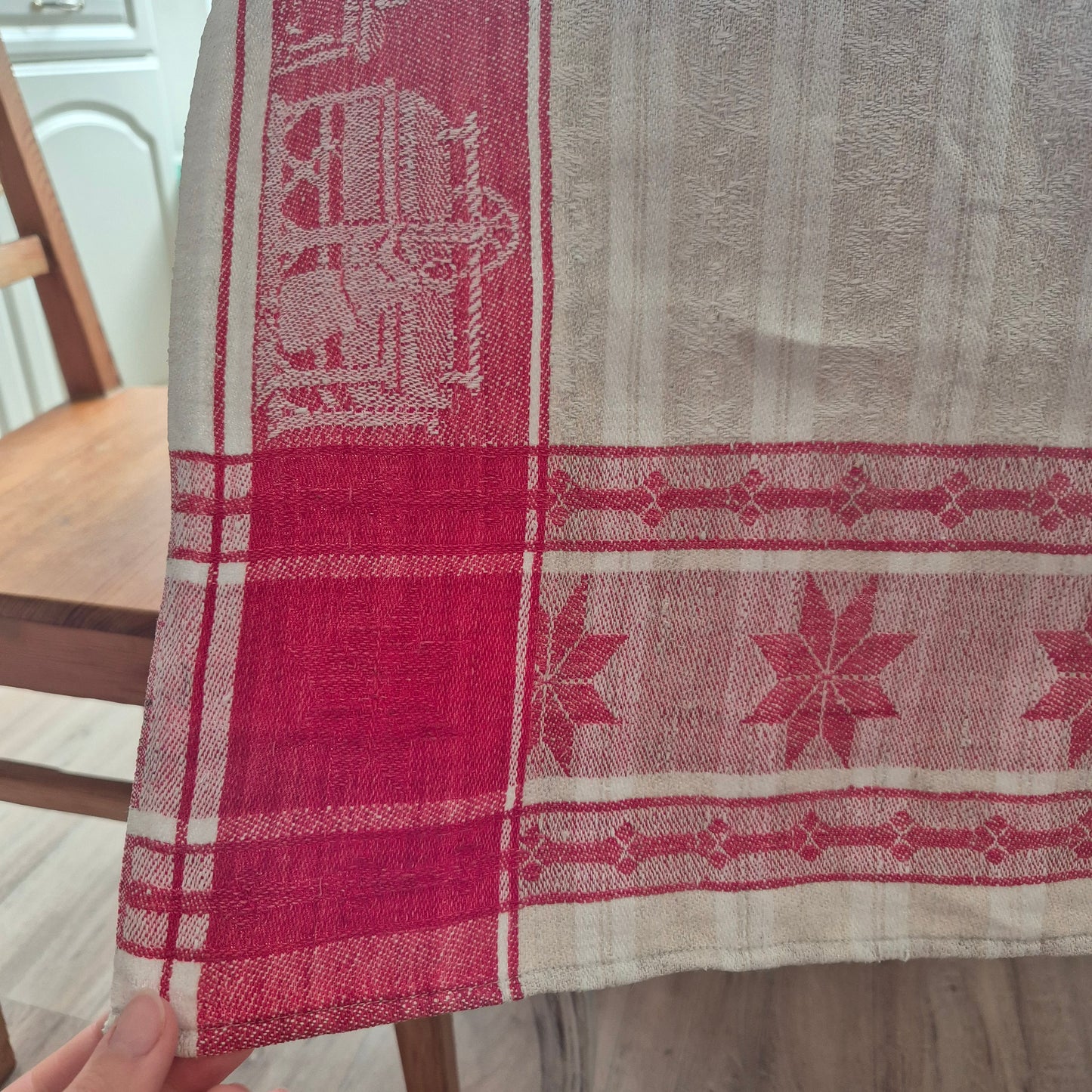 Antikes Rolltuch Mangeltuch Rot Creme Leinentuch Tischdecke Wäsche mit Monogramm 🤍