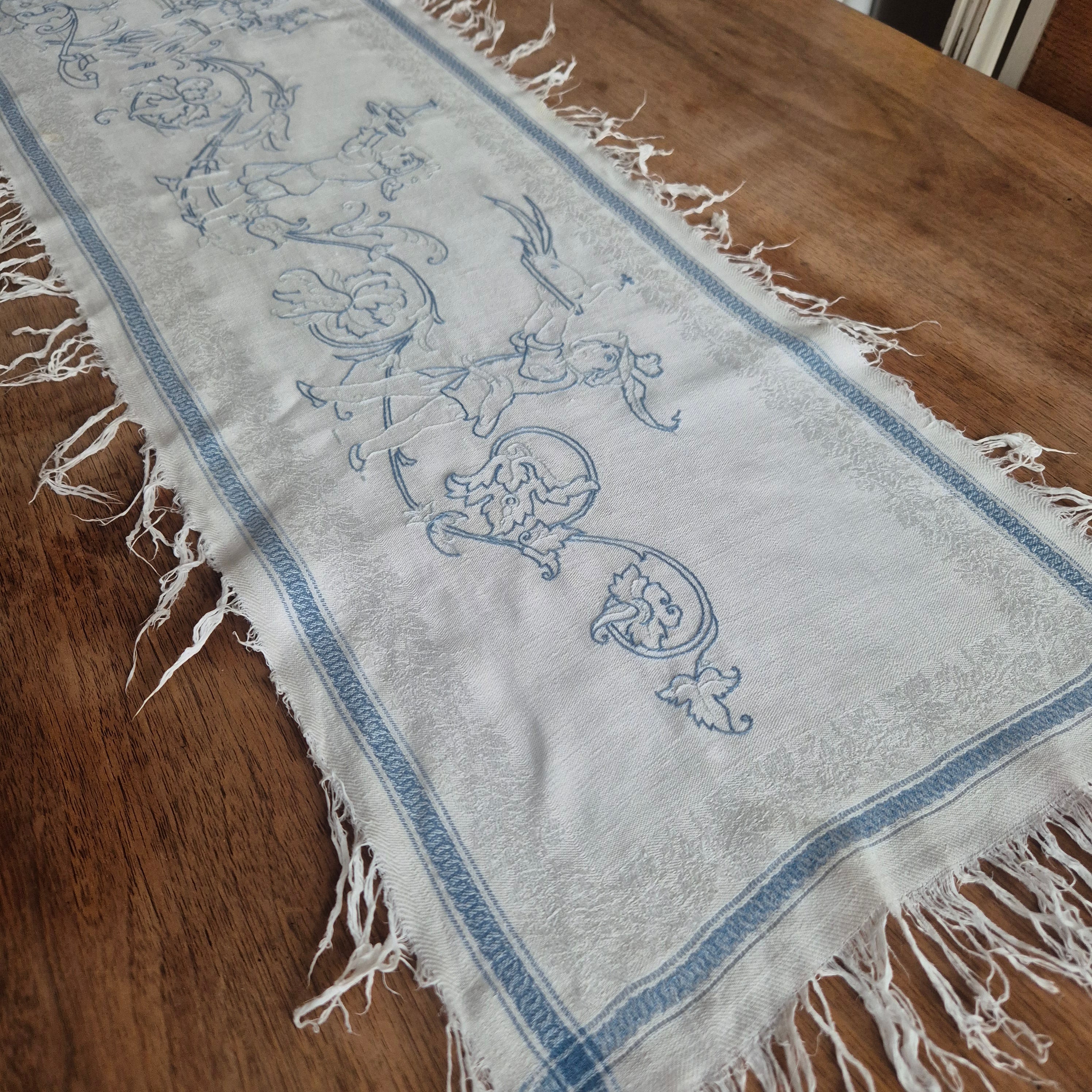 Antiker Baumwolle Tischläufer handbestickt mit mini Fleck! 32x170cm blau weiß