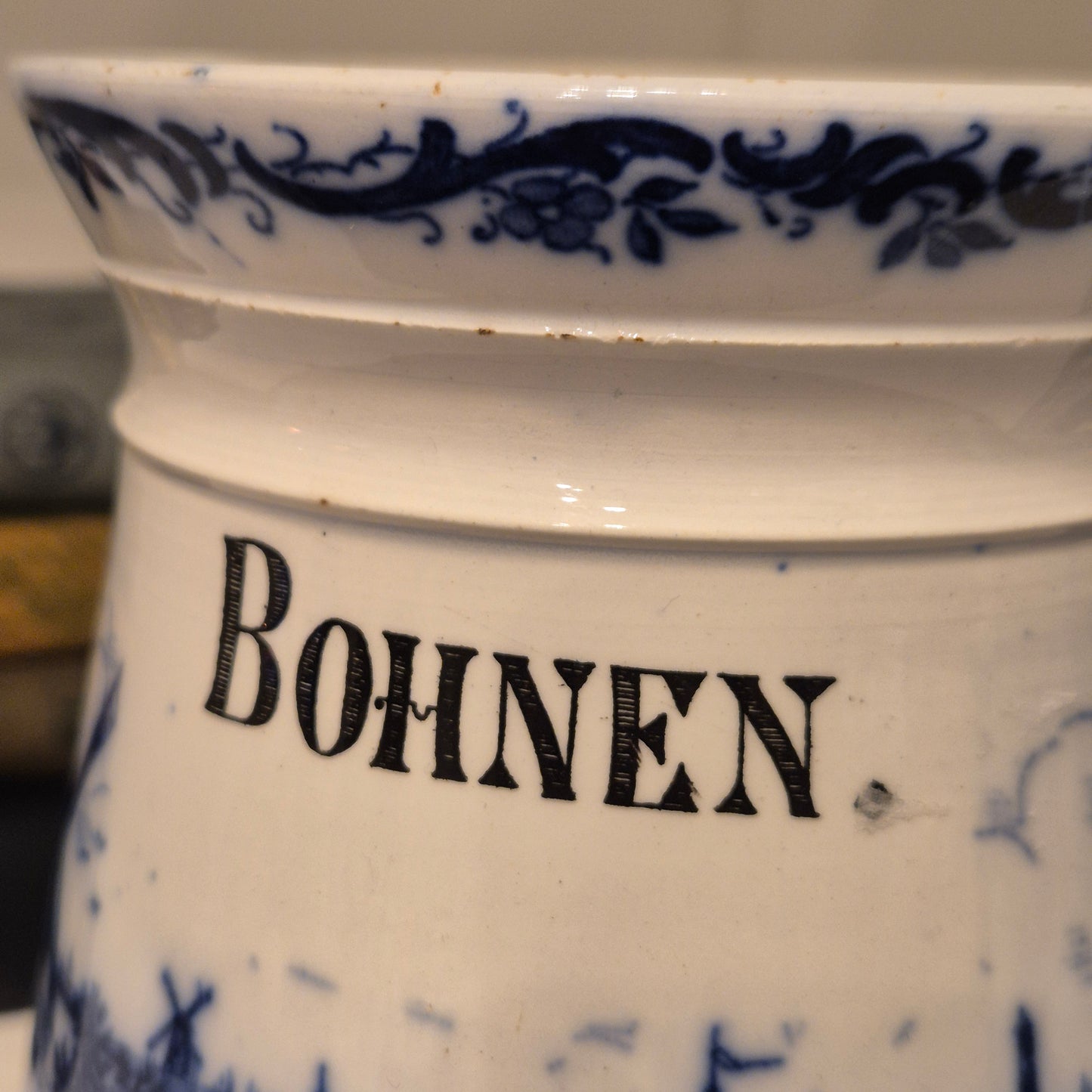 Antike H.H & Cie Delft Vorratsdose ohne Deckel blau weiß 120Jahre alt Kochlöffelhalter Aufschrift "Bohnen"