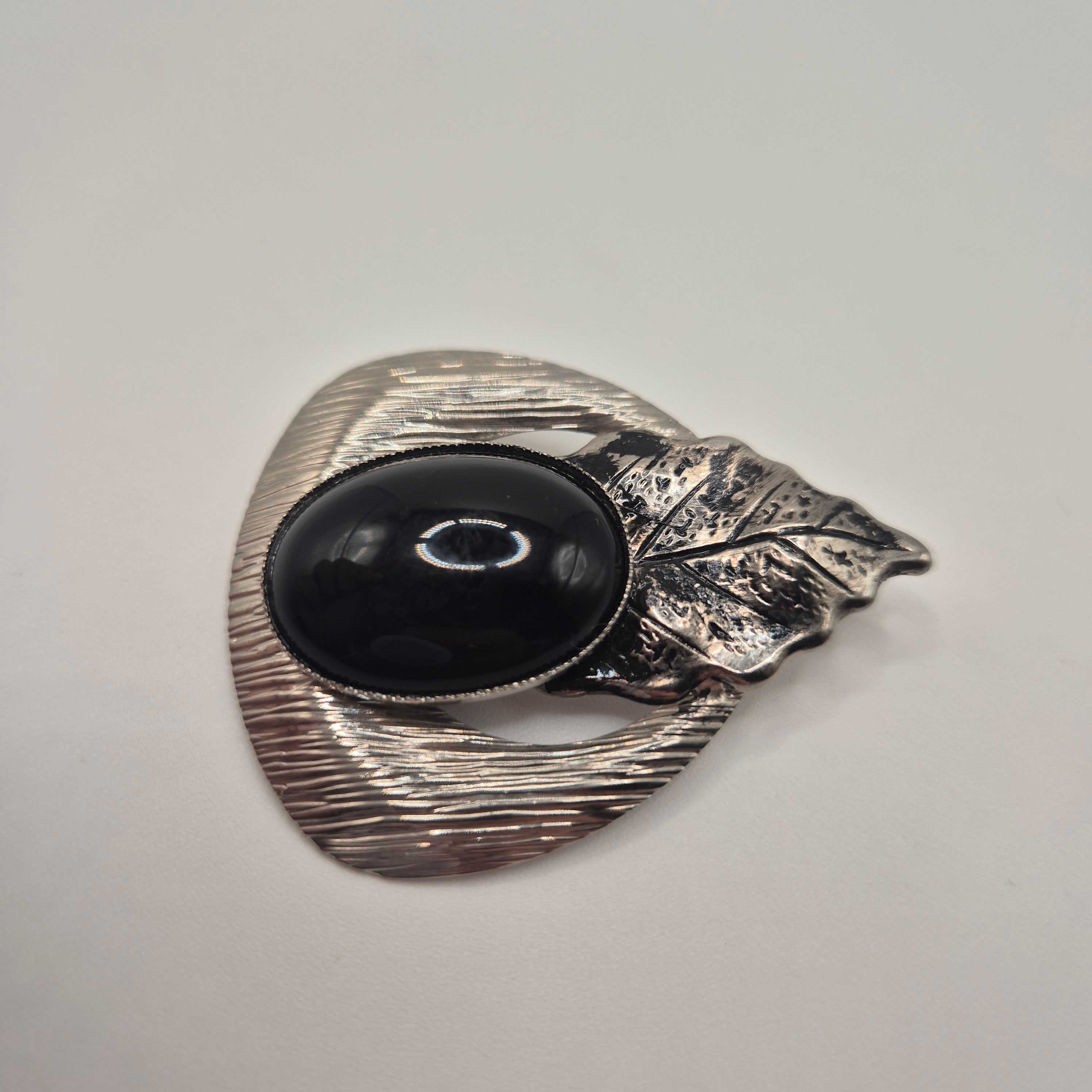 80er Jahre Vintage Brosche silberfarben schwarz Eichenblatt