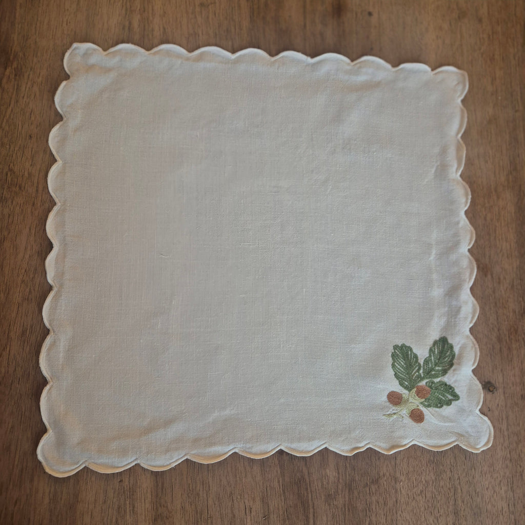 Vintage Leinen Baumwolle Stoff Serviette Einstecktuch Eicheln 42x42cm