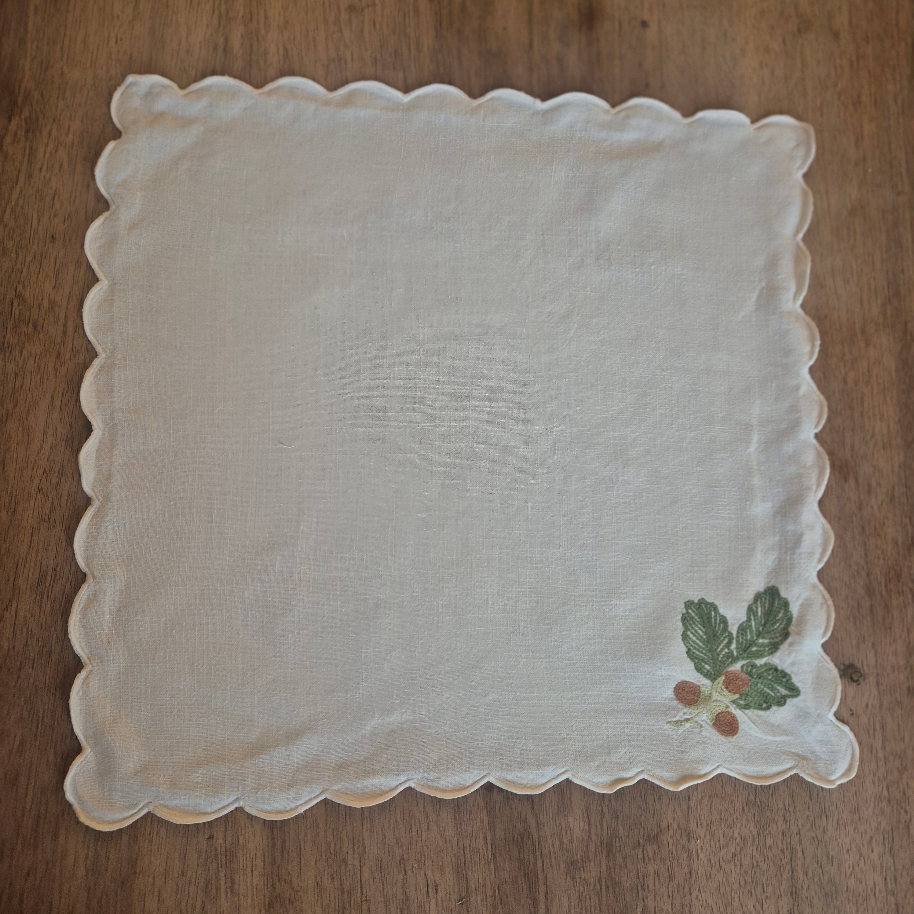 Vintage Leinen Baumwolle Stoff Serviette Einstecktuch Eicheln 42x42cm