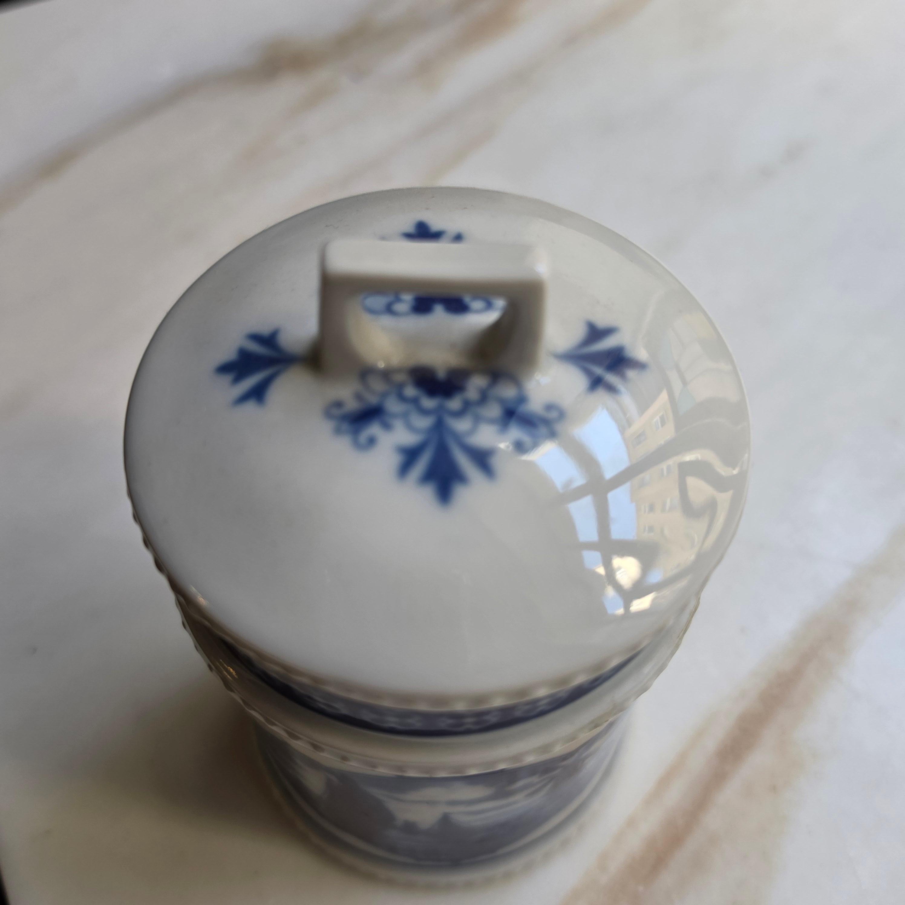 Alte Porzellan Deckeldose Echt Kobalt Fine China Lichte Schiffsmotiv Mühle Hafen