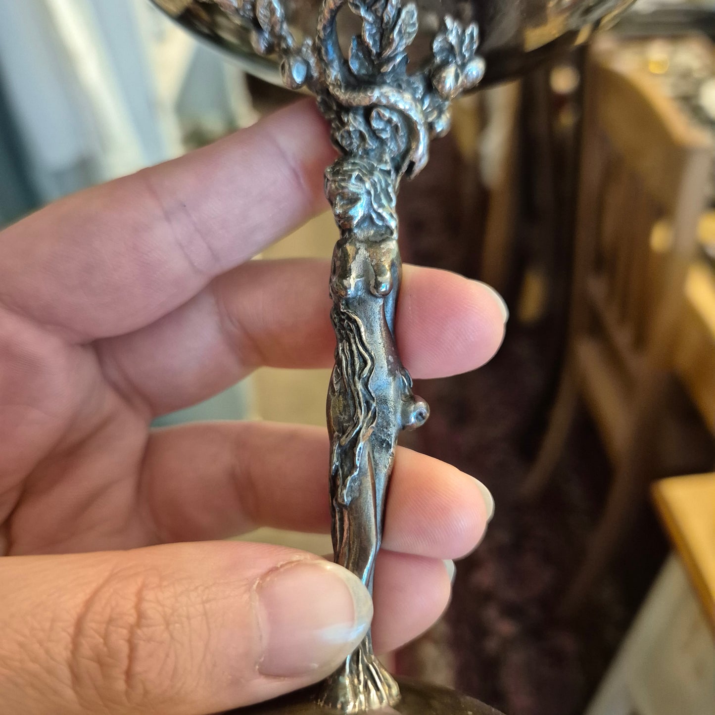 6x Dekorative Jugendstil Champagner Metallkelche versilbert - zum aufpolieren! "Eva mit Apfelbaum"