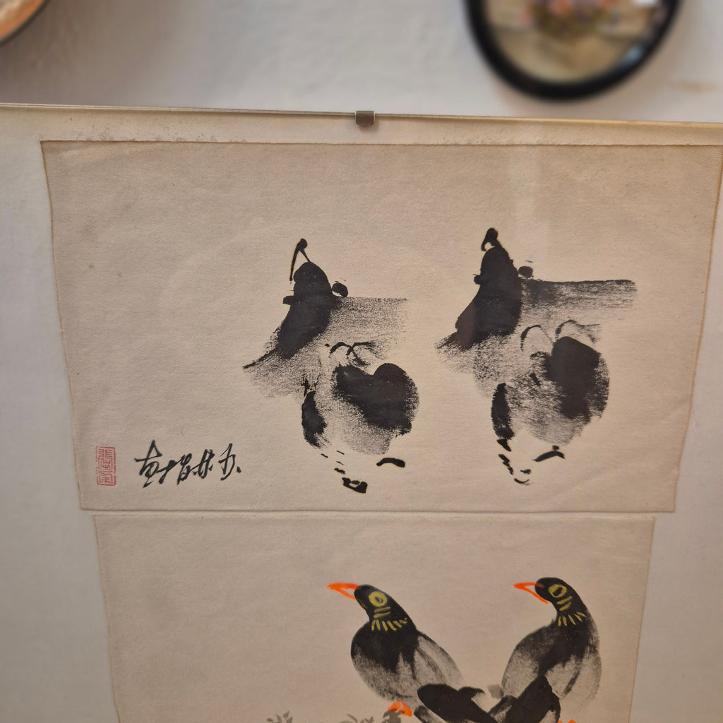 3 kleine chinesische Tuschemalereien im Stil von Qi Baishi - Goldfische , Vögel, Frau sitzend