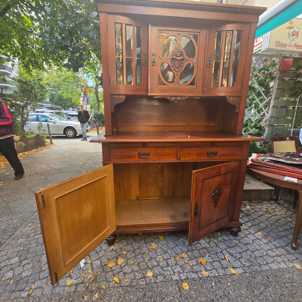 Antikes Küchenbuffet aus Echtholz – Jugendstil Anrichte mit Vitrine & Schnitzereien