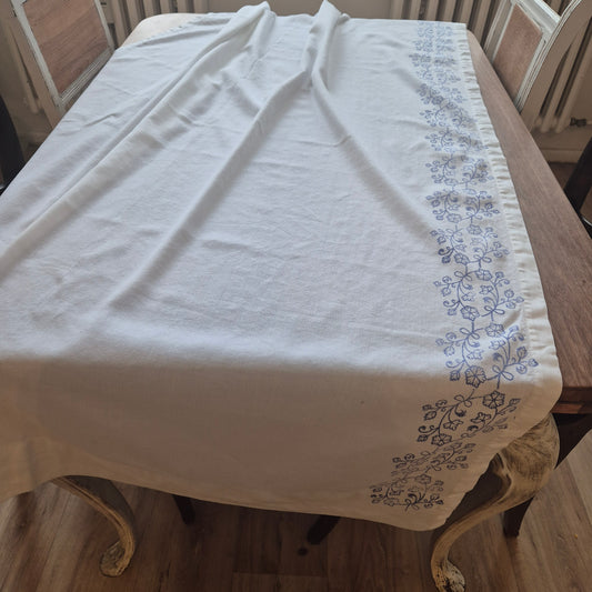 Vintage Baumwolle Gardine mit blauem Stempel Muster rechte Seite 115x169cm Handgemacht