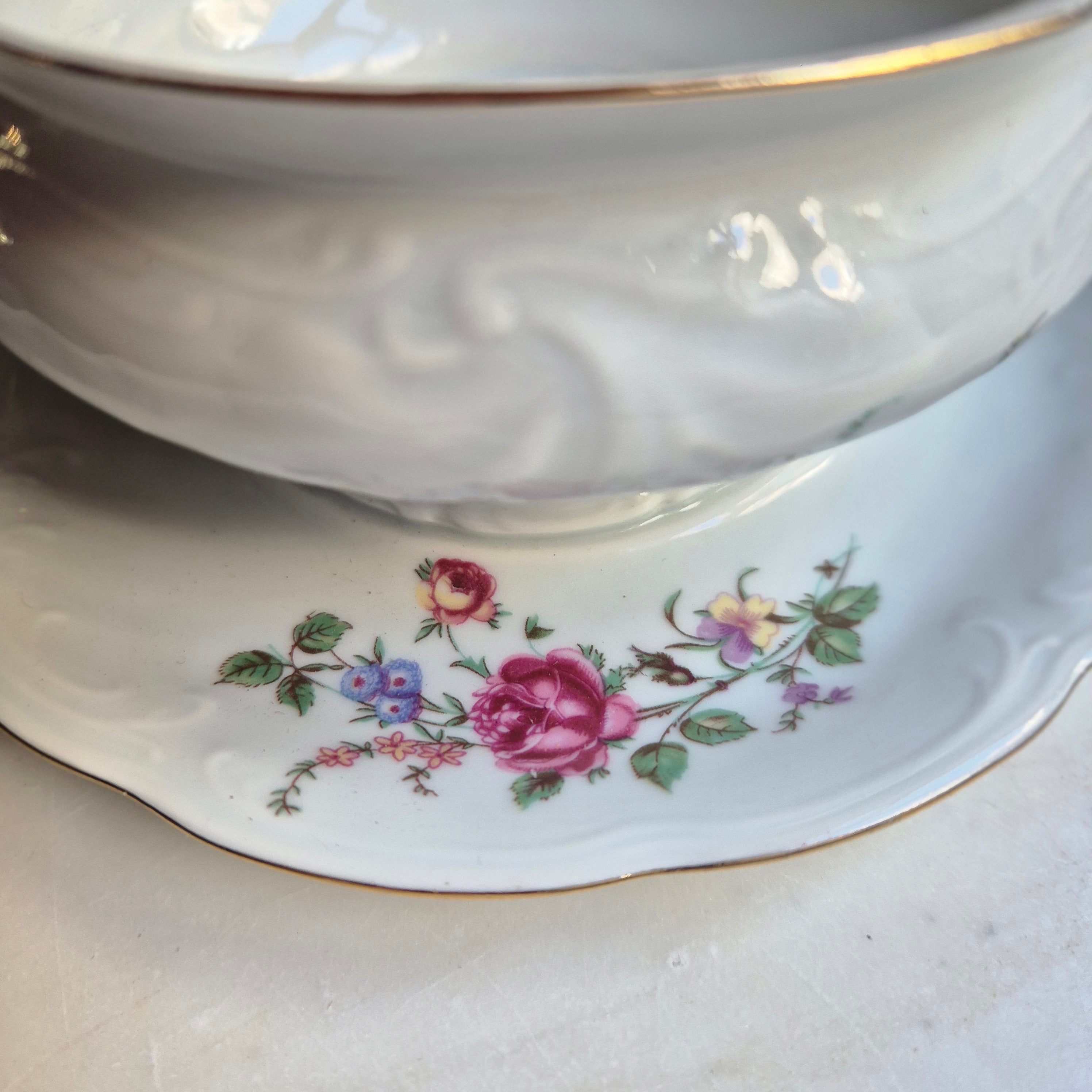 Antike Porzellan Sauciere weiß mit Blumendekor Wawel Polen