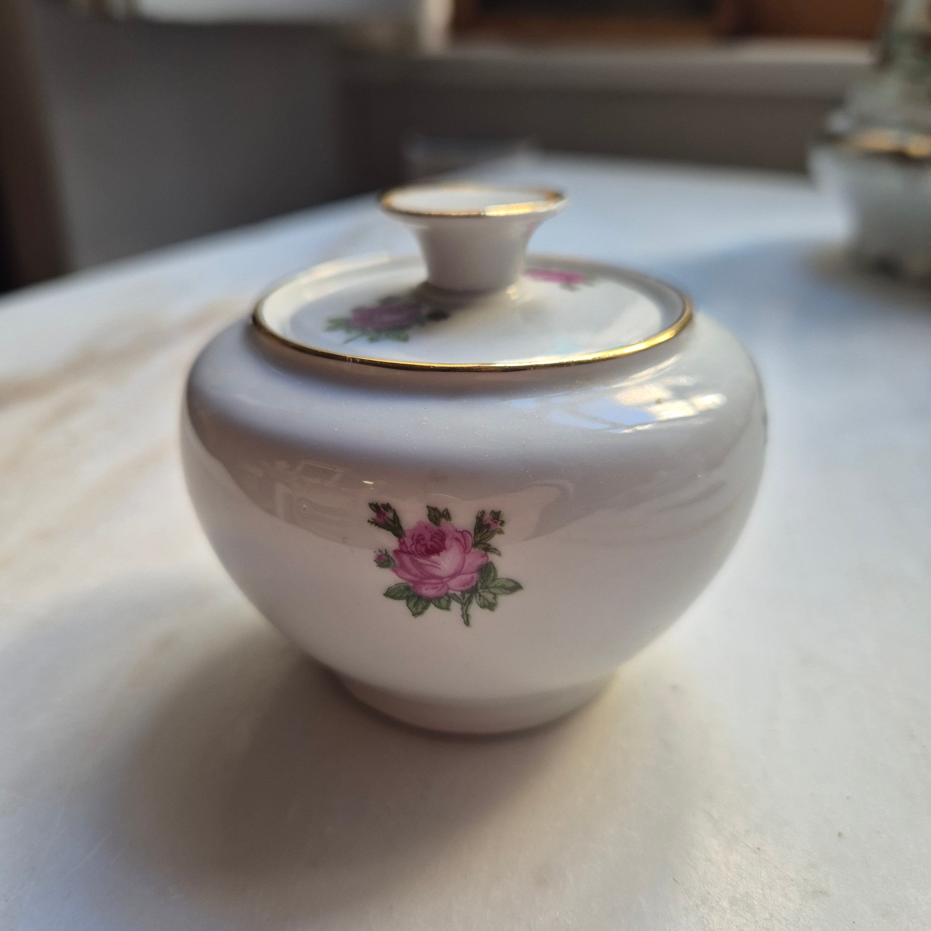 Vintage DDR Zuckerdose mit Rosendekor Kästner Saxonia Porzellan weiß rosa