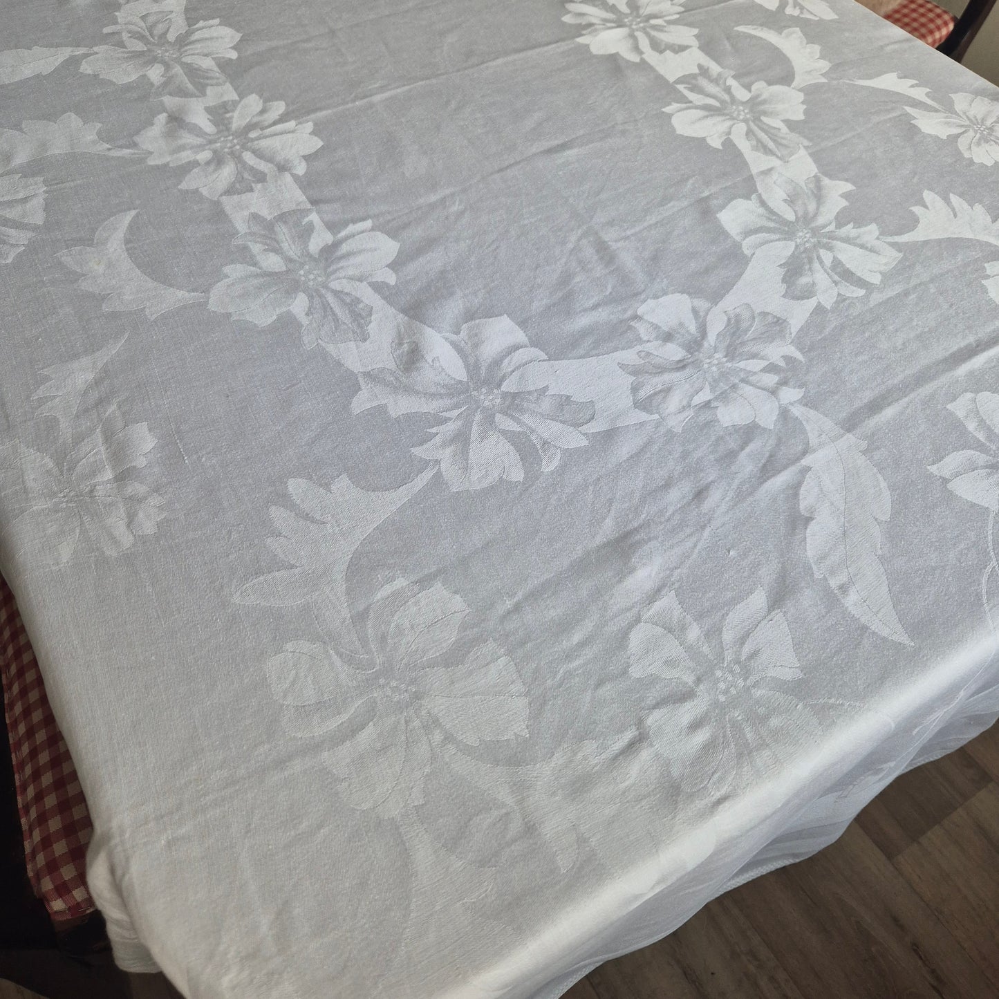 Antike Jugendstil Damast Baumwolle Tischdecke Weiß 135x170cm Schleifenmotiv Monogramm A.P.