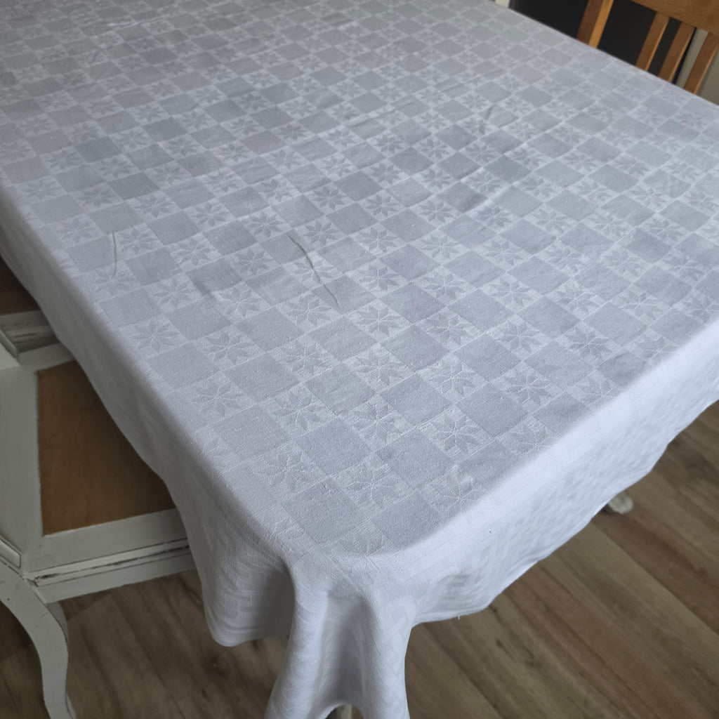 Antike Damast-Tischdecke 135x175cm - weiß - Monogramm M.S.