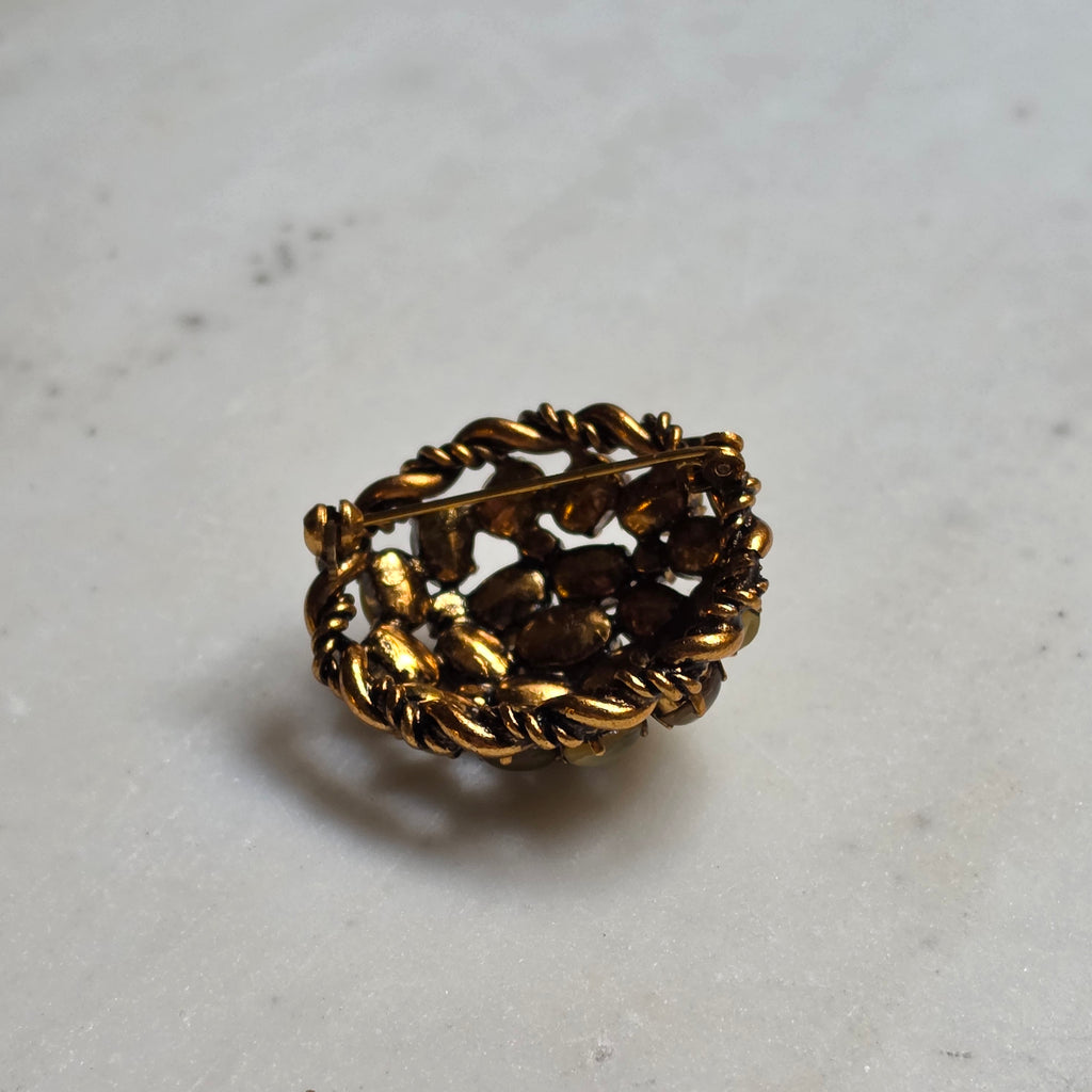 Vintage Goldton Brosche mit Katzenaugen-Steinen und Kunstperlen 60er Jahre