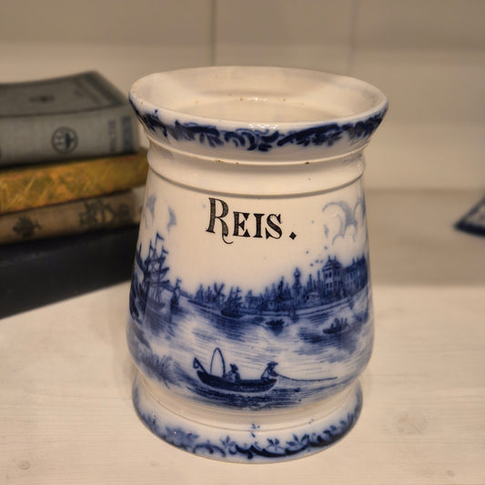 Antike H.H & Cie Delft Vorratsdose ohne Deckel blau weiß 120Jahre alt Kochlöffelhalter Aufschrift "Reis"