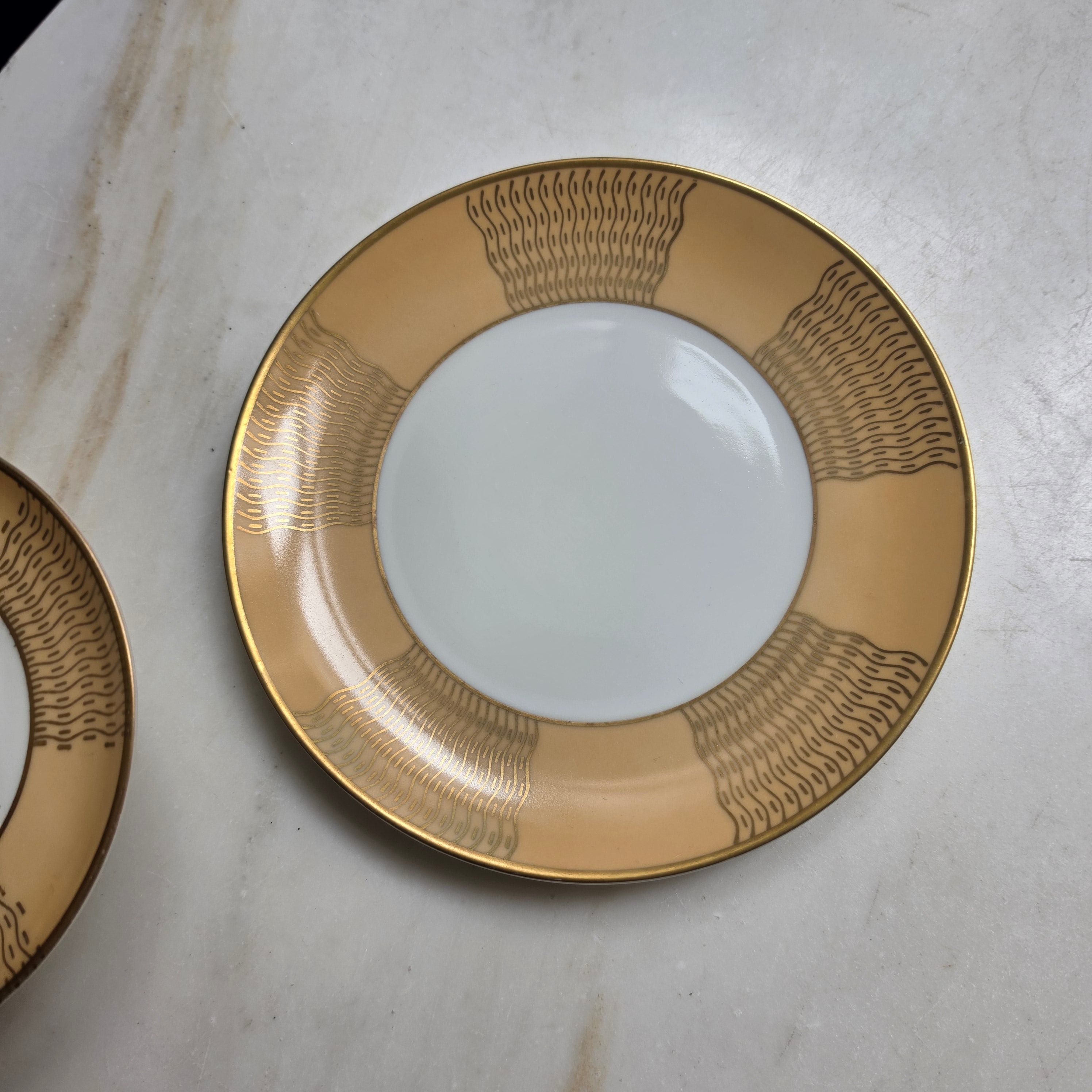 Elegantes Vintage Bavaria Porzellan Kaffeeset - Gold-Beige mit Wellenmuster - 3-teilig