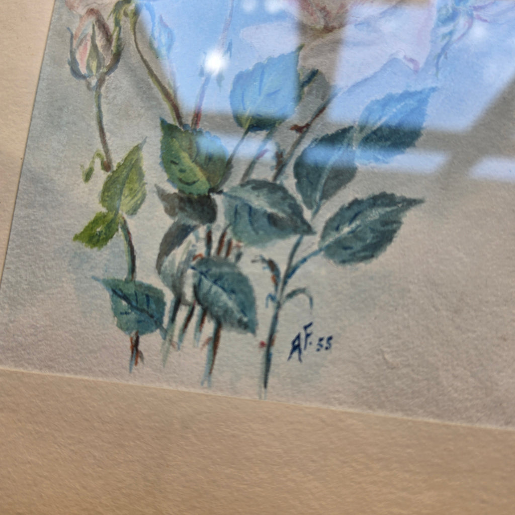 Vintage Rosen-Aquarell „A. Fischer“ (1948) im Goldrahmen