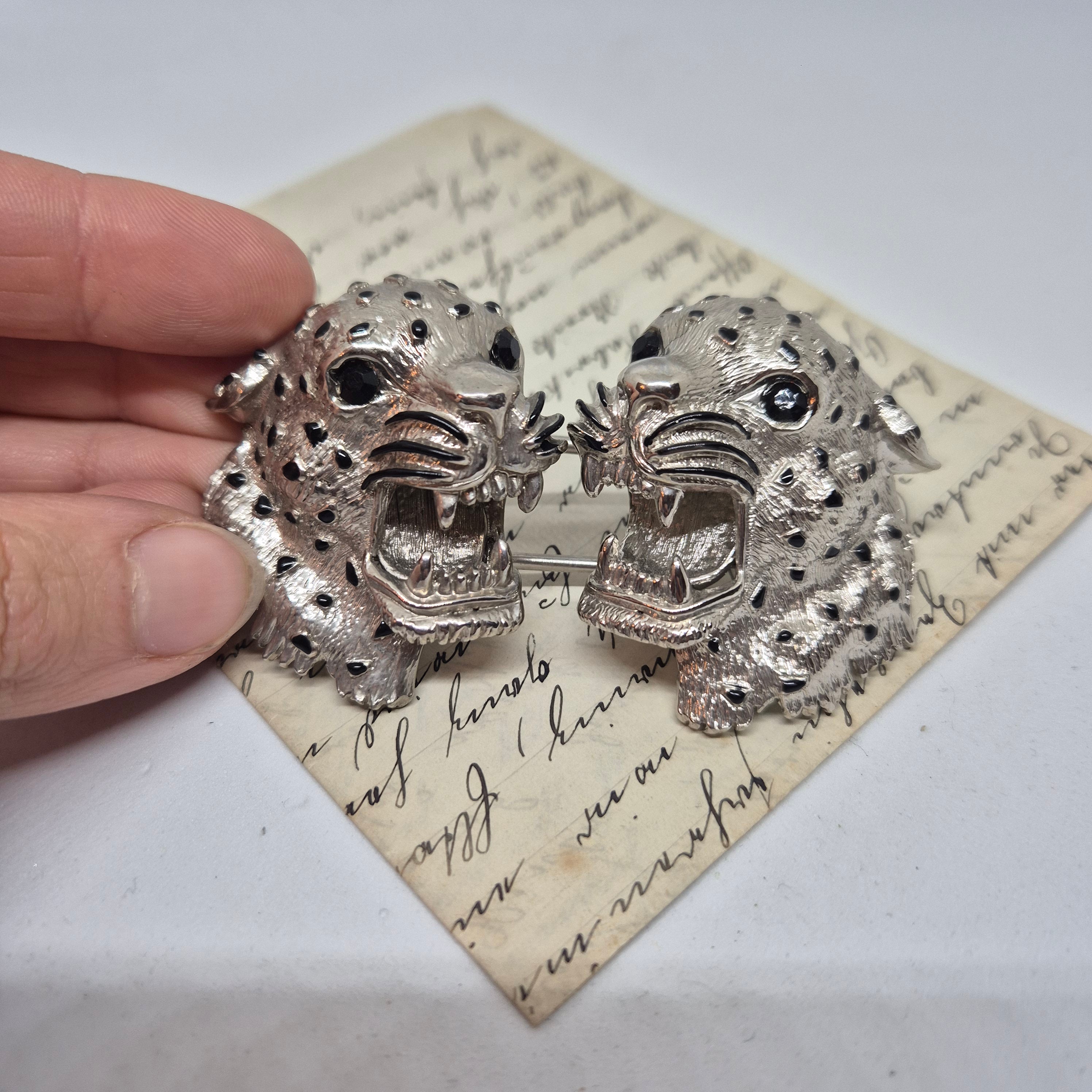 Vintage Gürtelschnalle 2-Teilig Trachtenschnalle Taillengürtel aus den 80ern-Handmade aus Berlin silber schwarz Gepard Leoparden Kopf