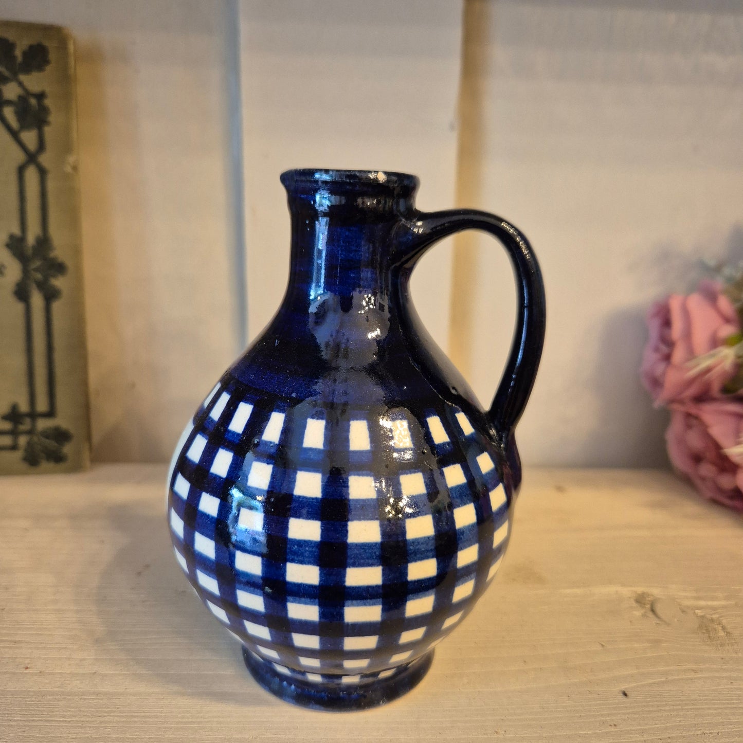Alte kleine Keramik Essigkanne Kännchen mit Aufschrift " Essig" blau weiß