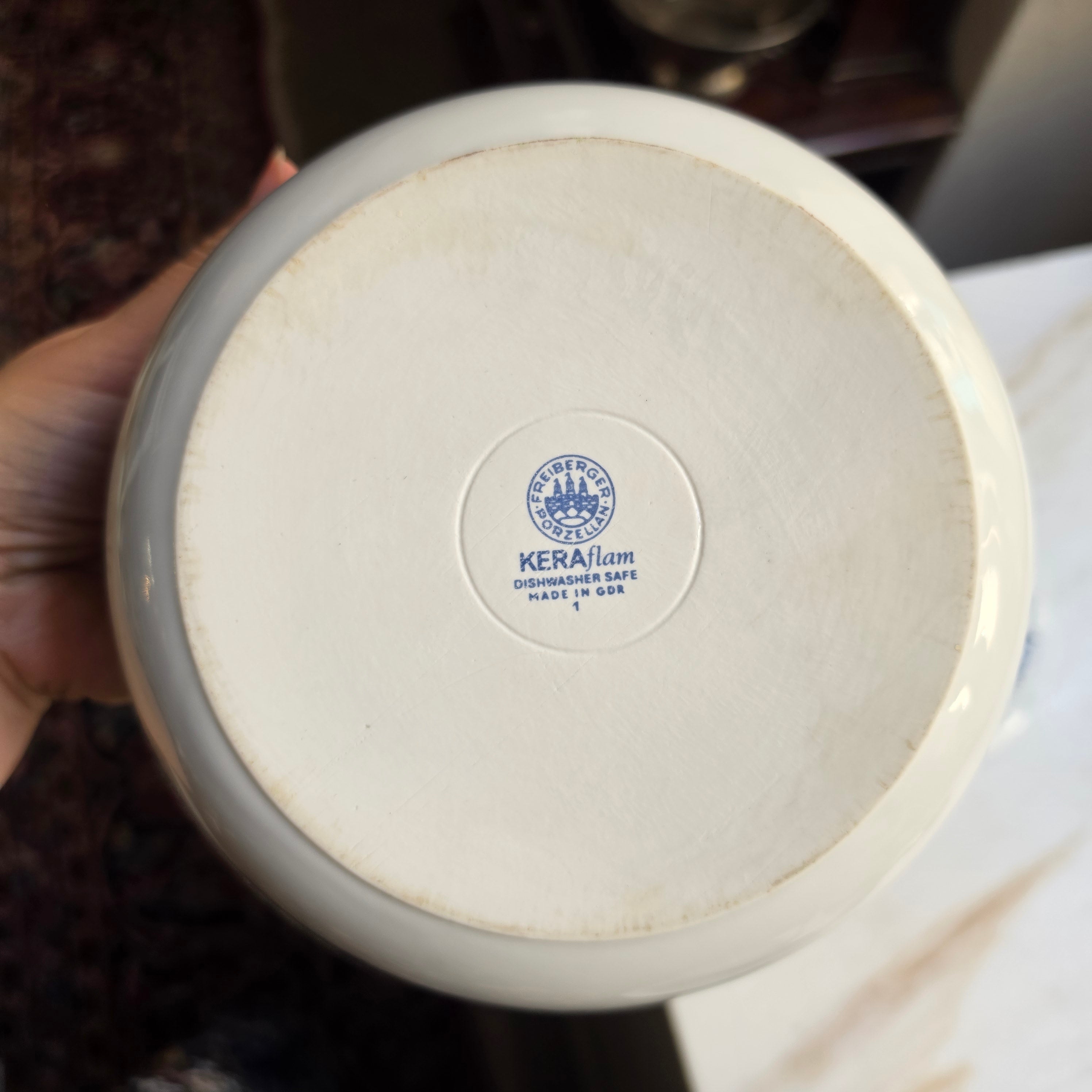 Vintage Freiberger Porzellan KERAflam Terrine / Schüssel mit Deckel – Blau-Weißes Windmühlen-Motiv