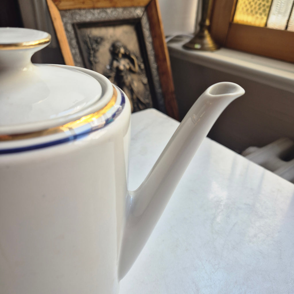 Vintage Kahla Tee Kaffeekanne Kanne weiß blau goldrand