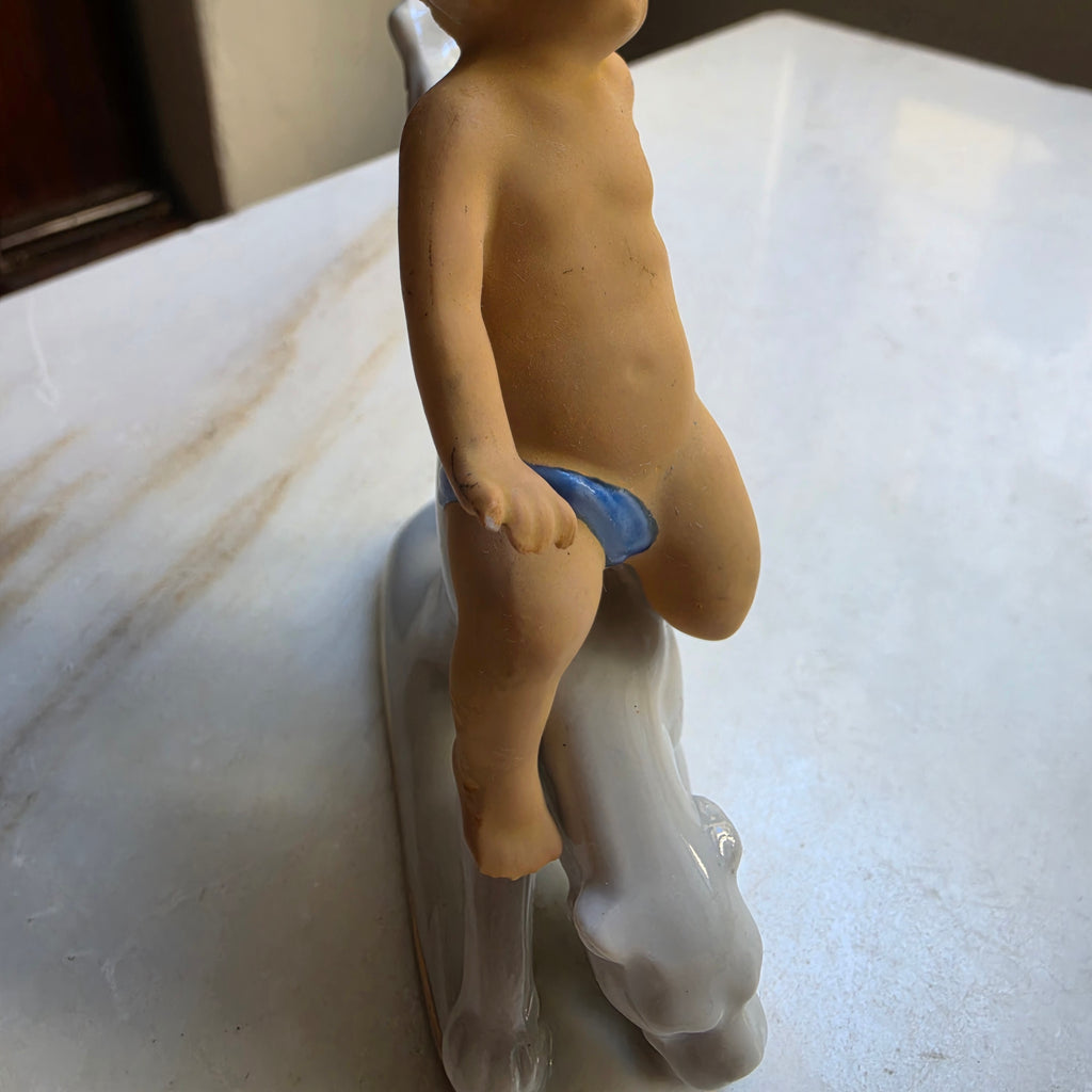Antike handbemalte Putto auf Raubtier Panther Figur Porzellan