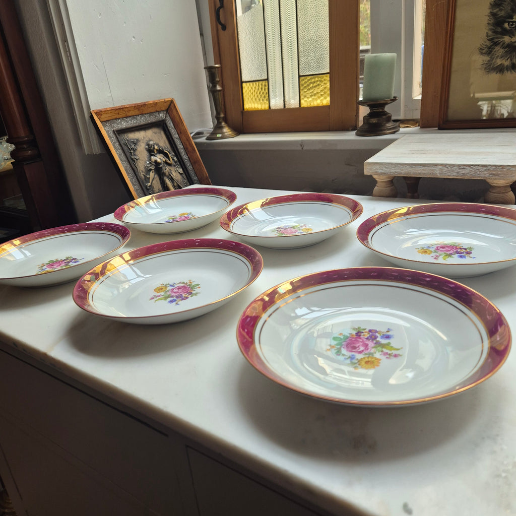 6x Antike tiefe Speiseteller Blumendekor weiß mit lila Goldrand