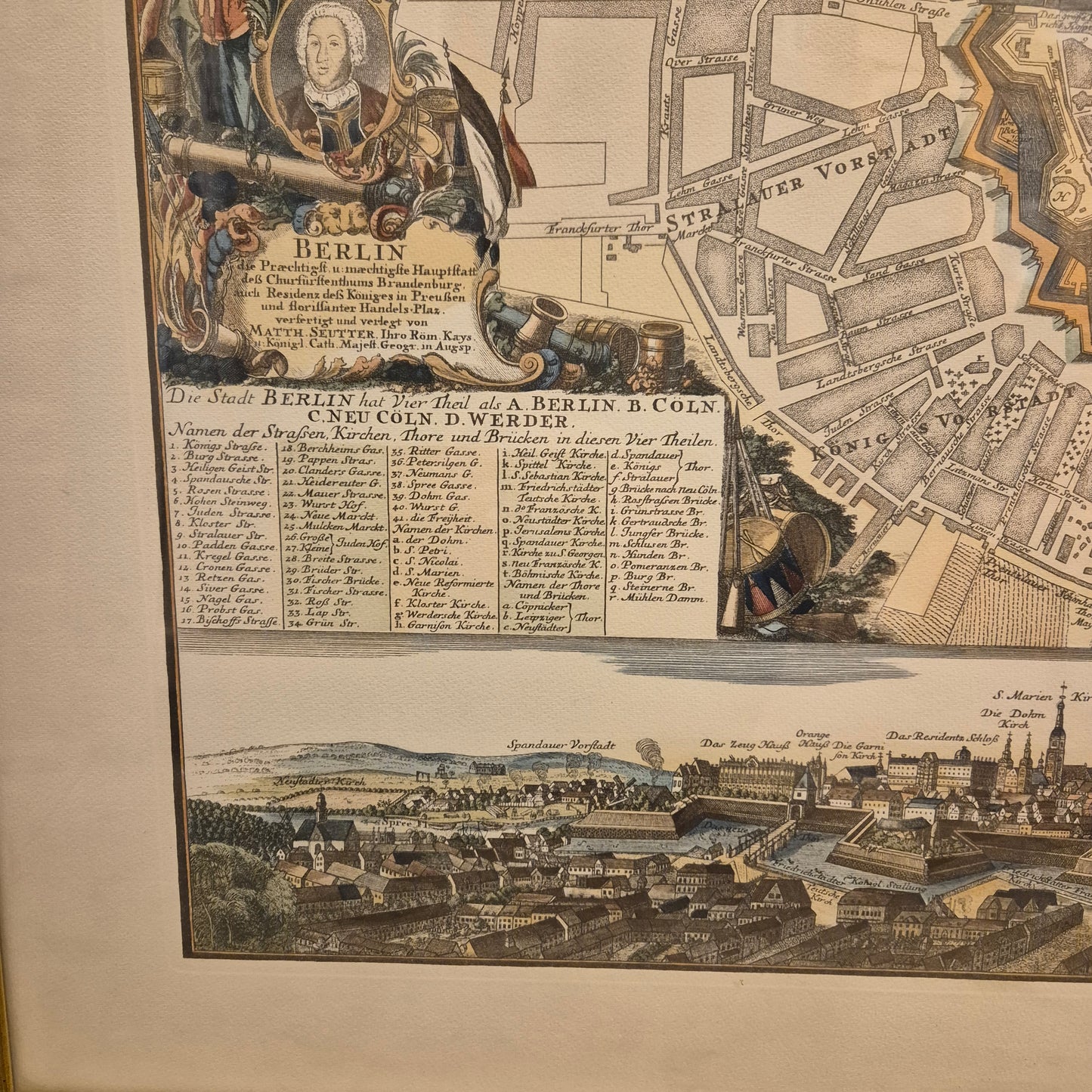 Gerahmter Kunstdruck des historischen Berlin-Stadtplans nach Matthäus Seutter