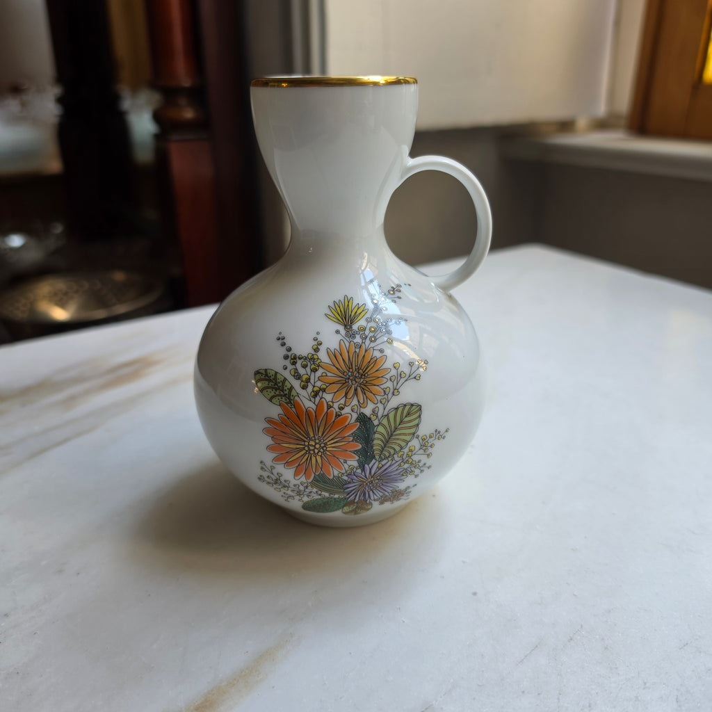Vintage Kaiser Porzellan Henkelvase – Bauchige Vase mit Blumen-Dekor & Goldrand – W. Germany