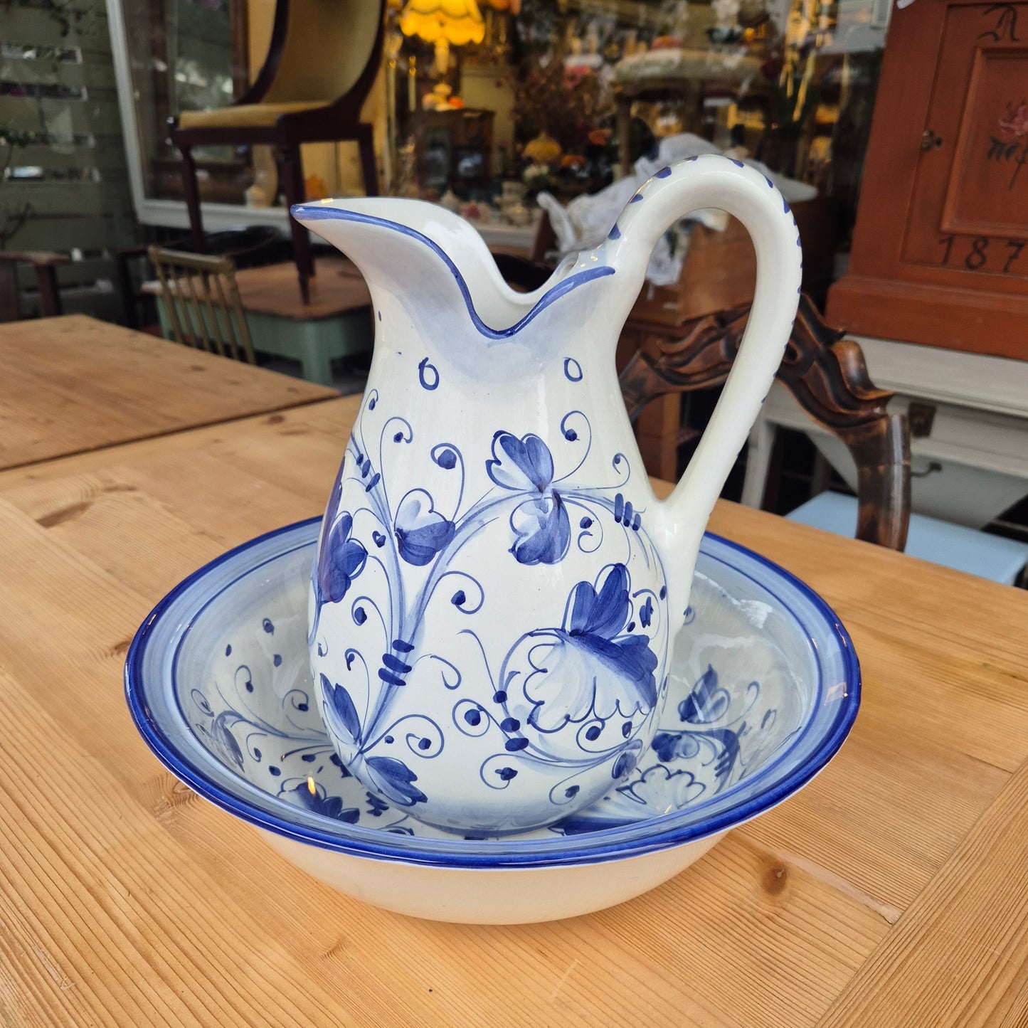 Vintage Krug mit Waschschüssel Keramik blau weiß