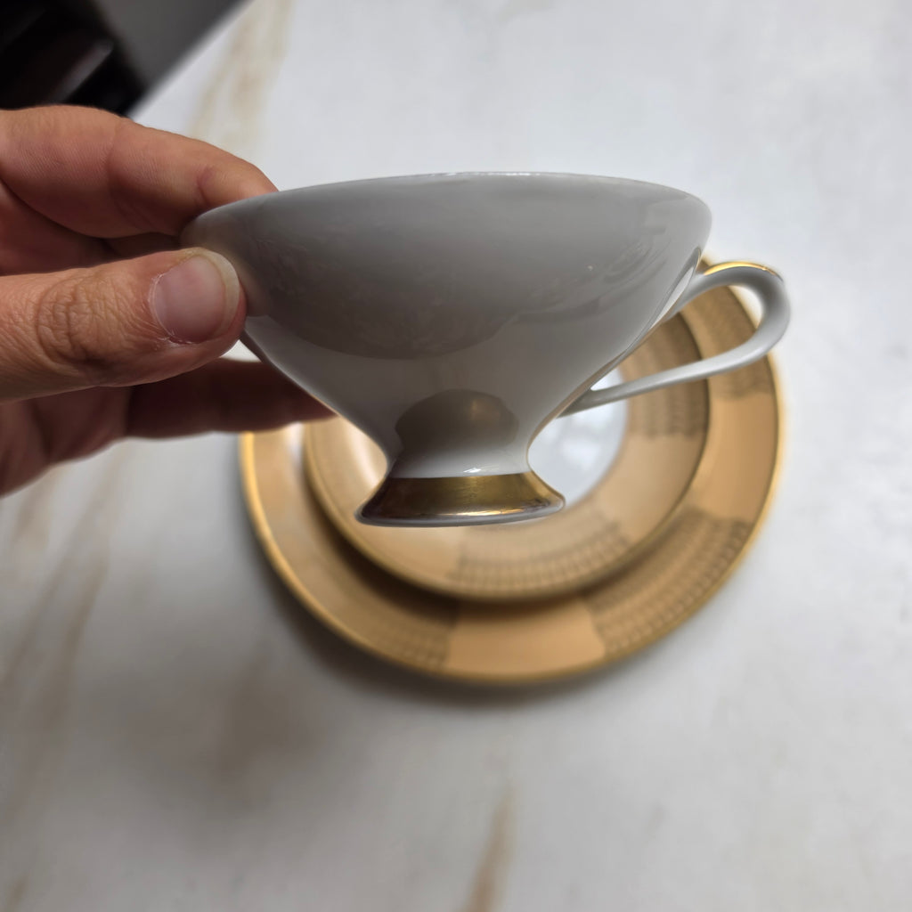 Elegantes Vintage Bavaria Porzellan Kaffeeset - Gold-Beige mit Wellenmuster - 3-teilig