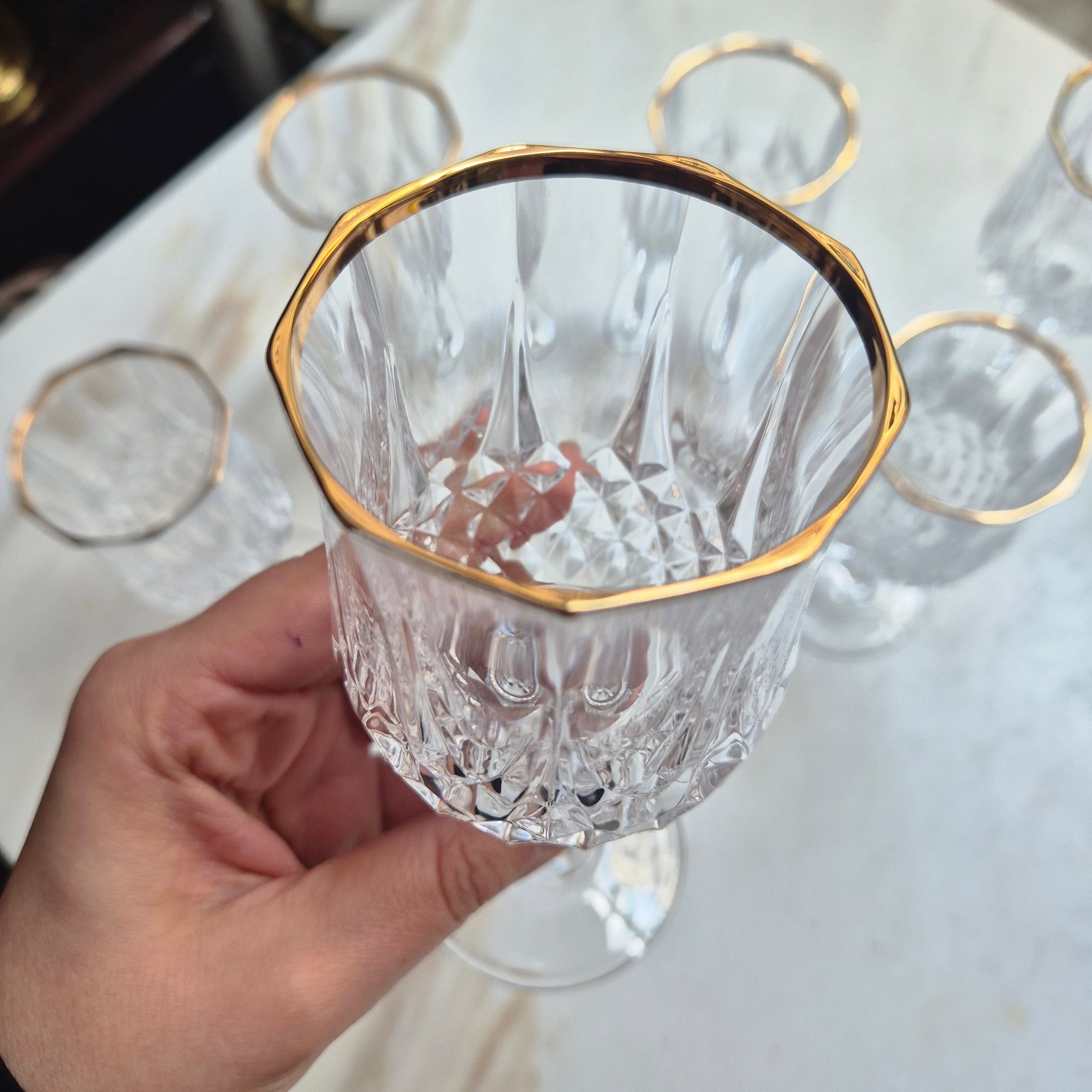 6x Vintage Bleikristall Weingläser mit Goldrand