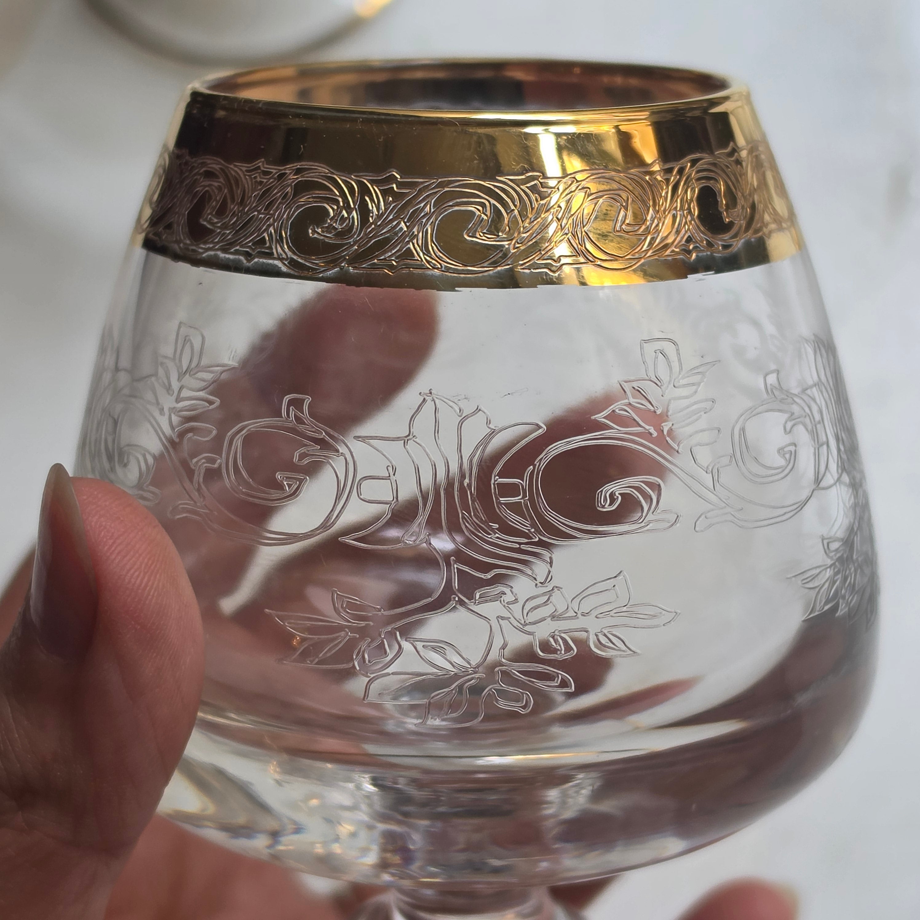 Vintage Cognacgläser / Schwenker mit Ätzdekor & Goldrand