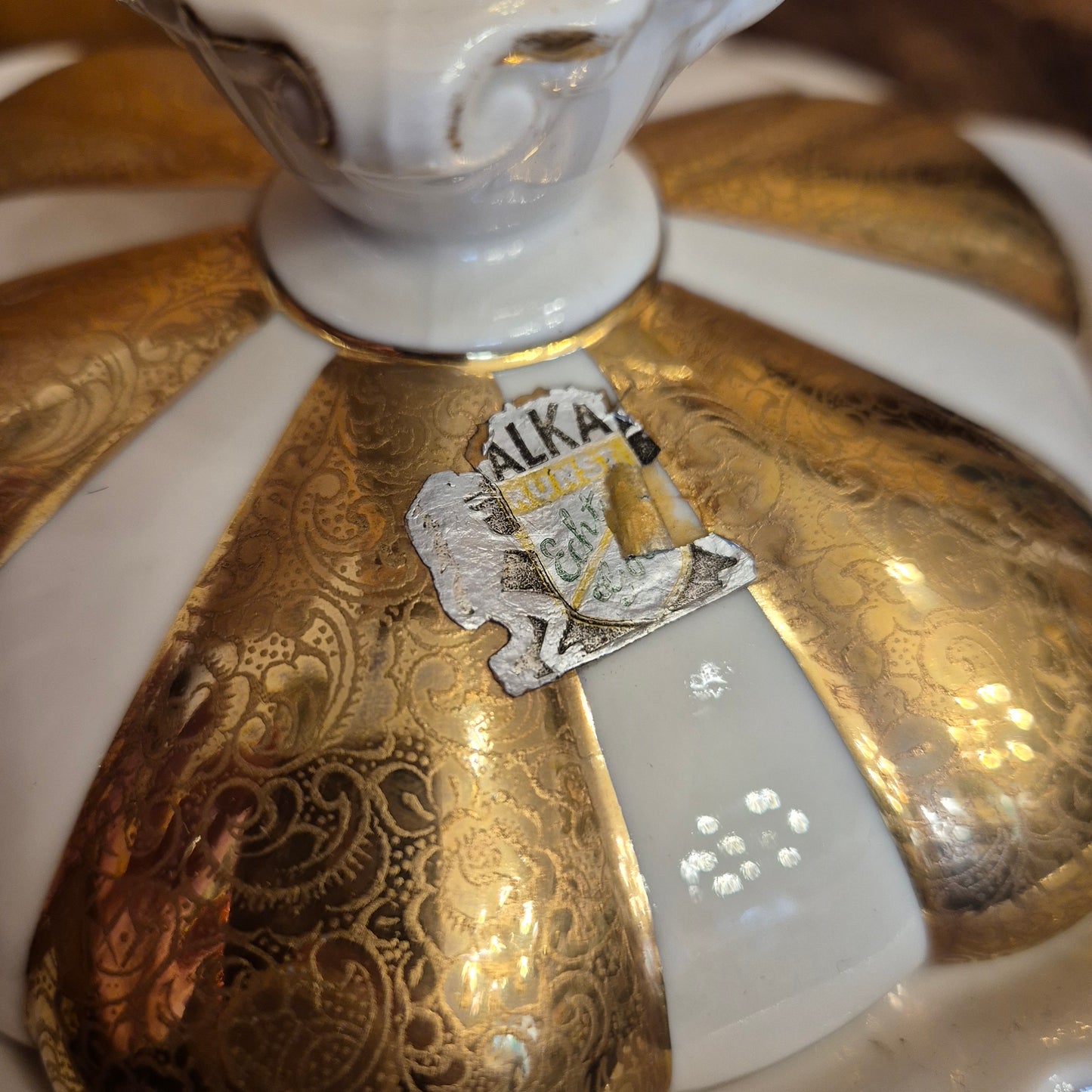 Große Antike Alka Kunst Kronach Marion Deckeldose Porzellan Zuckerdose Keksdose Gold Weiß