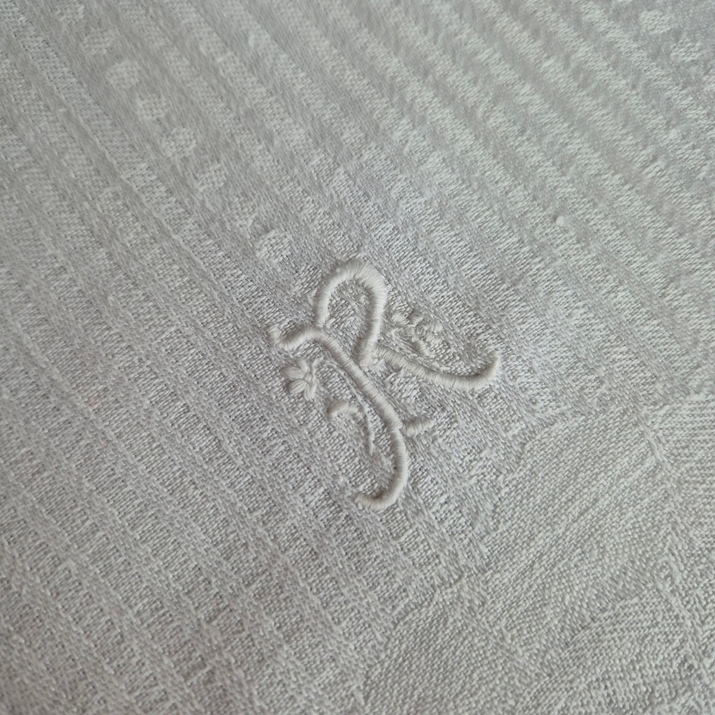 Antikes Jugendstil Küchen-&Geschirrtuch weiß Damast Baumwolle 51x110cm Monogram R.