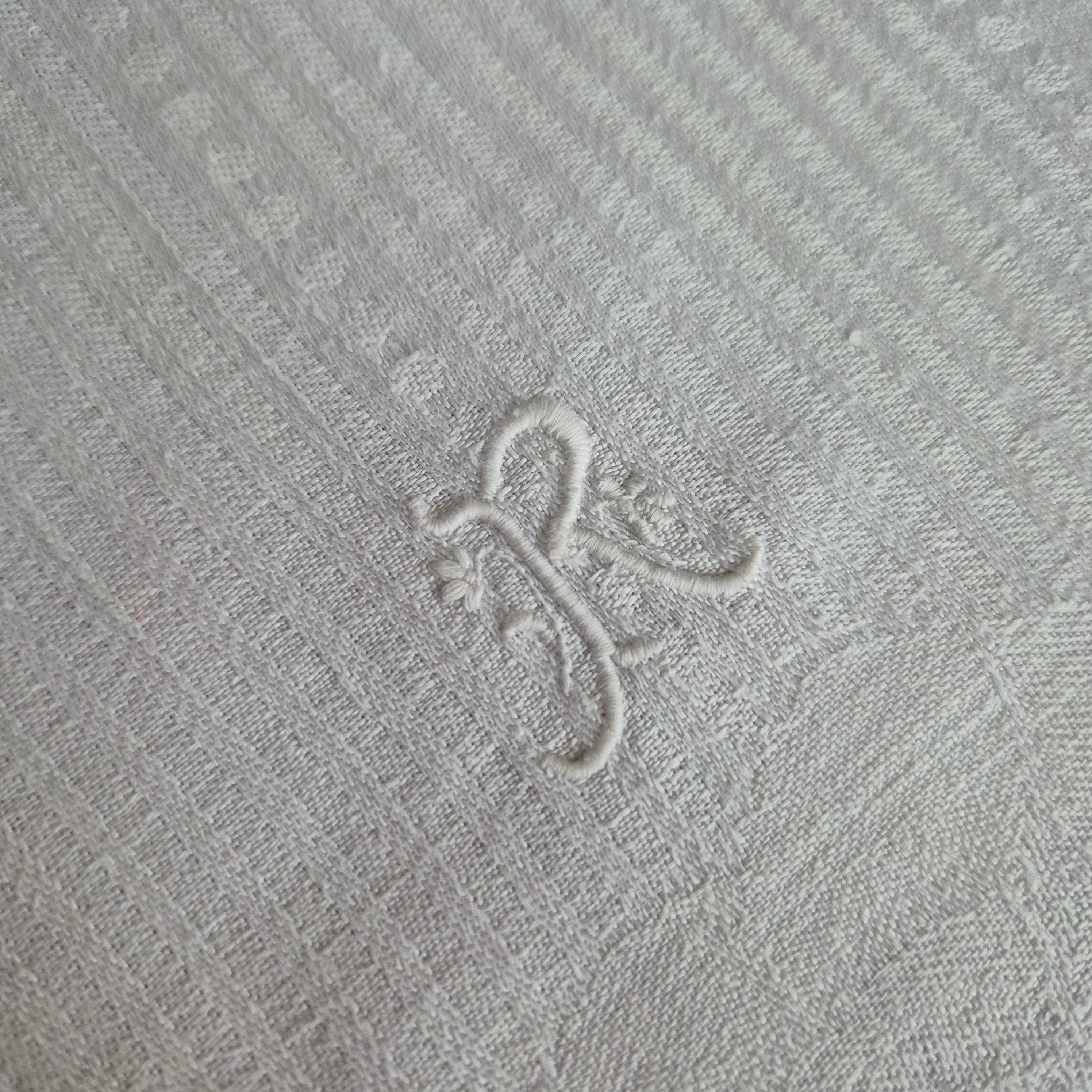 Antikes Jugendstil Küchen-&Geschirrtuch weiß Damast Baumwolle 51x110cm Monogram R.