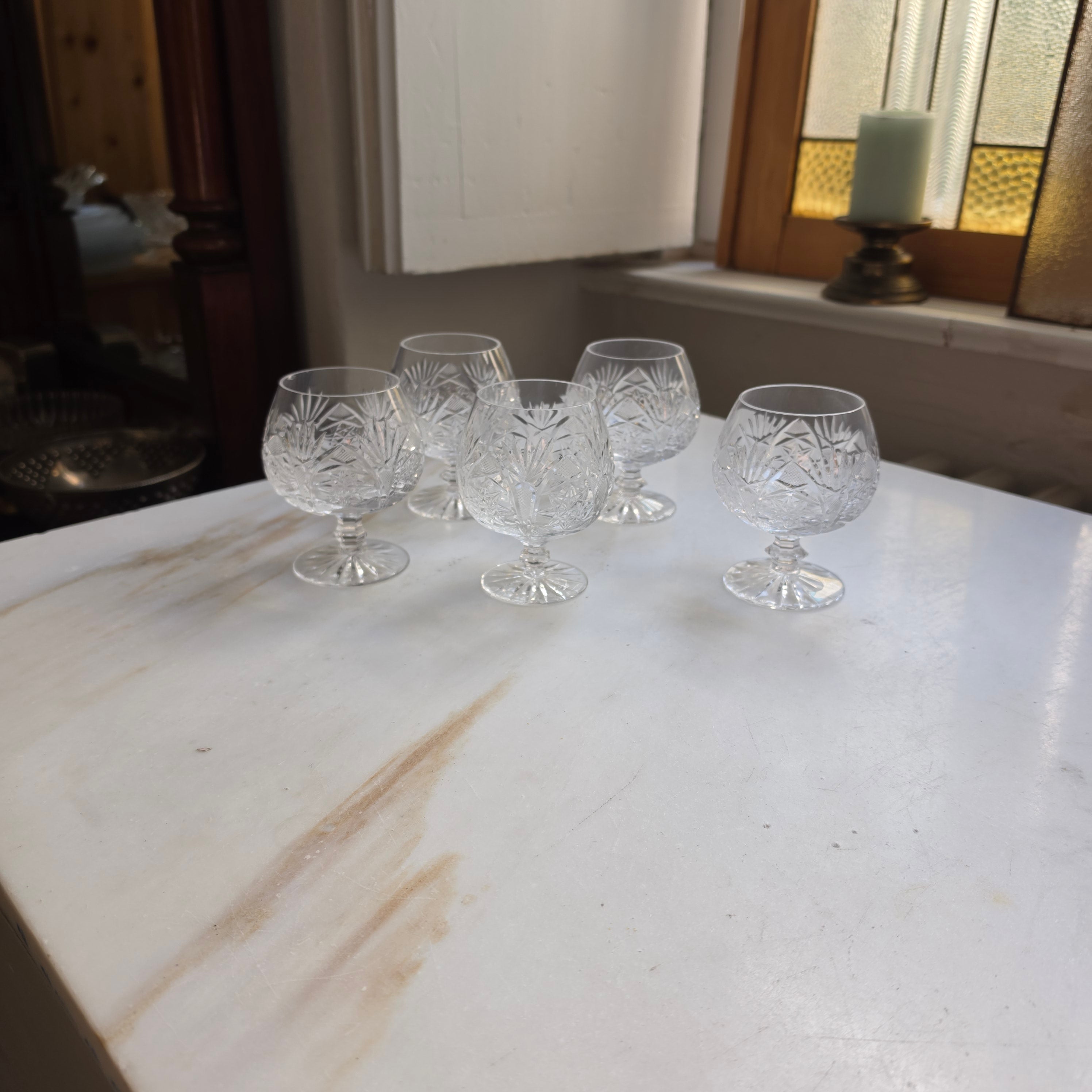 5x Vintage Bleikristall Cognacschwenker – Edler Diamant- und Sternenschliff