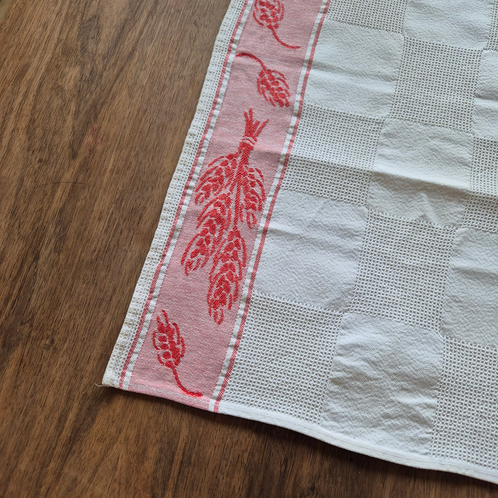 Antikes Jugendstil Küchen-& Geschirrhandtuch weiß rot Leinen 66x44cm Weizenmotiv Getreide ♡