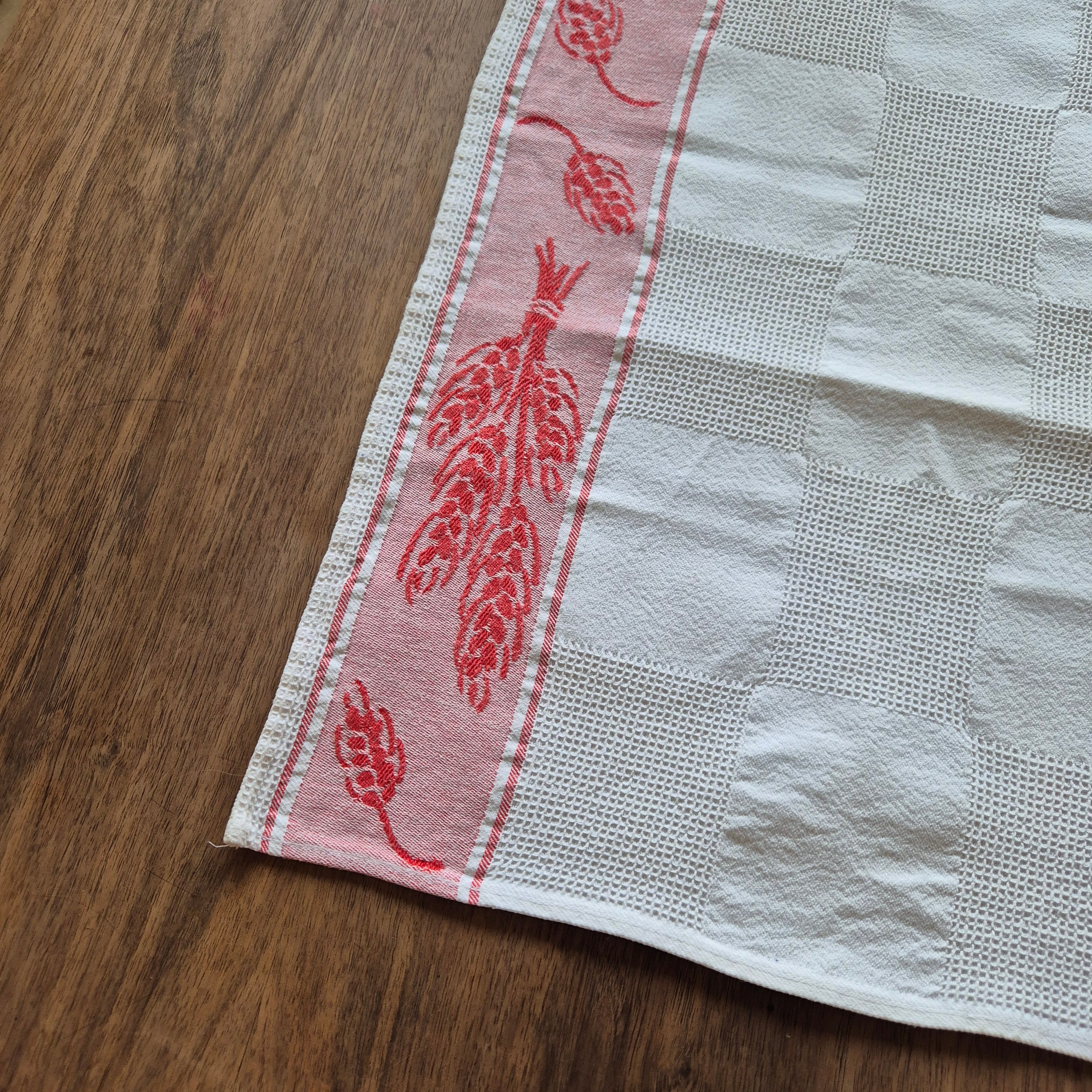 Antikes Jugendstil Küchen-& Geschirrhandtuch weiß rot Leinen 66x44cm Weizenmotiv Getreide ♡