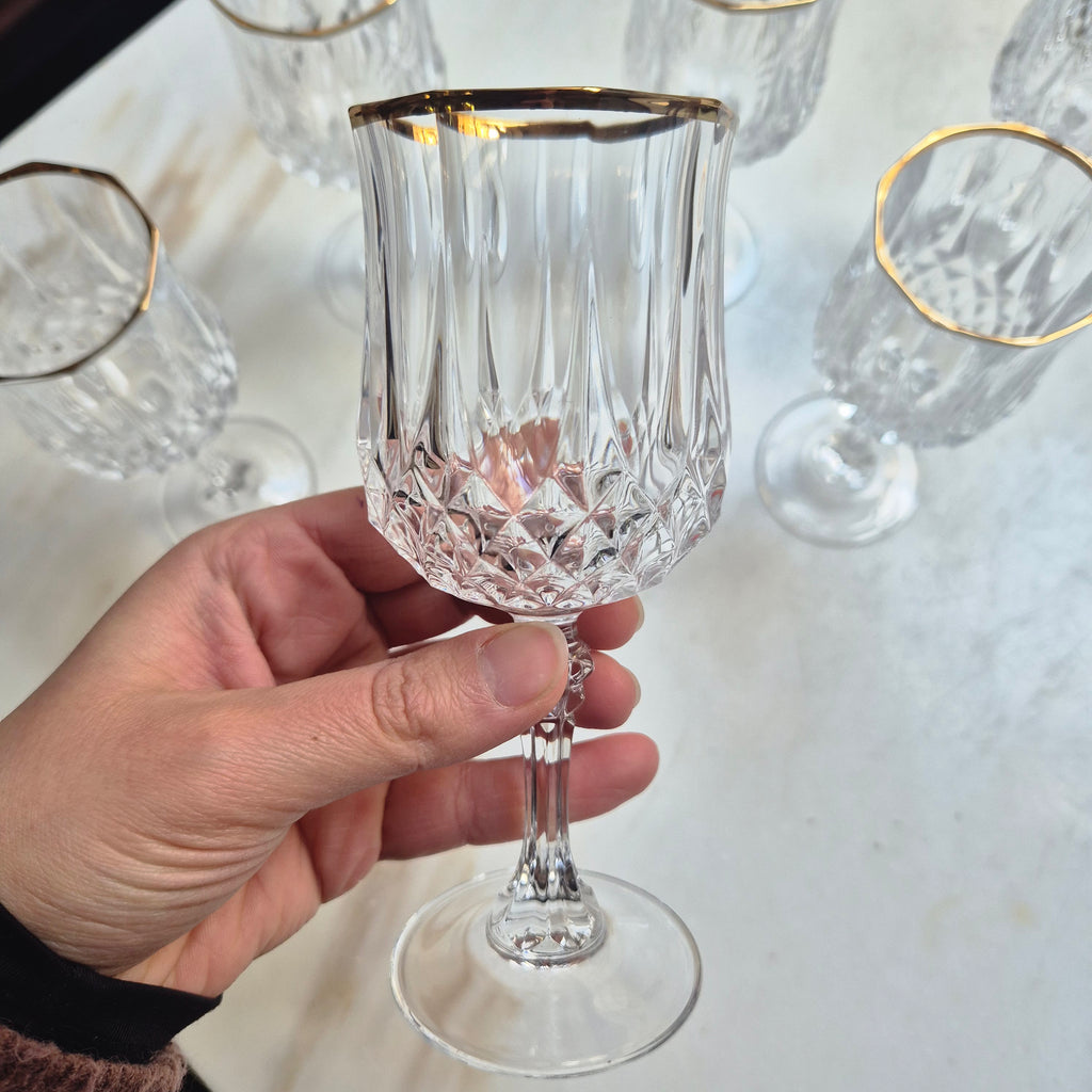 6x Vintage Bleikristall Weingläser mit Goldrand