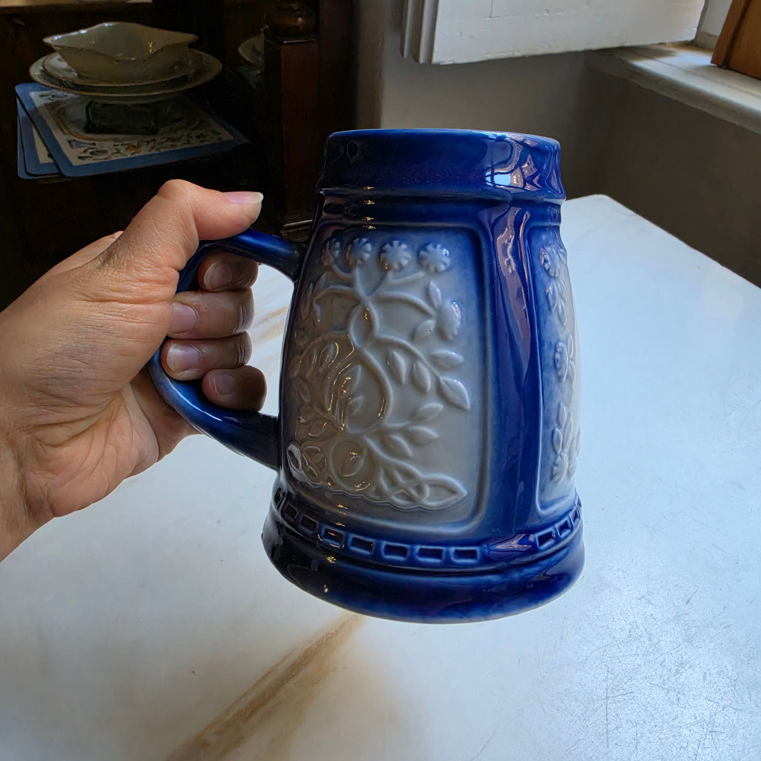 Vintage Keramik Bierkrug oder auch Vase Geschenk blau weiß