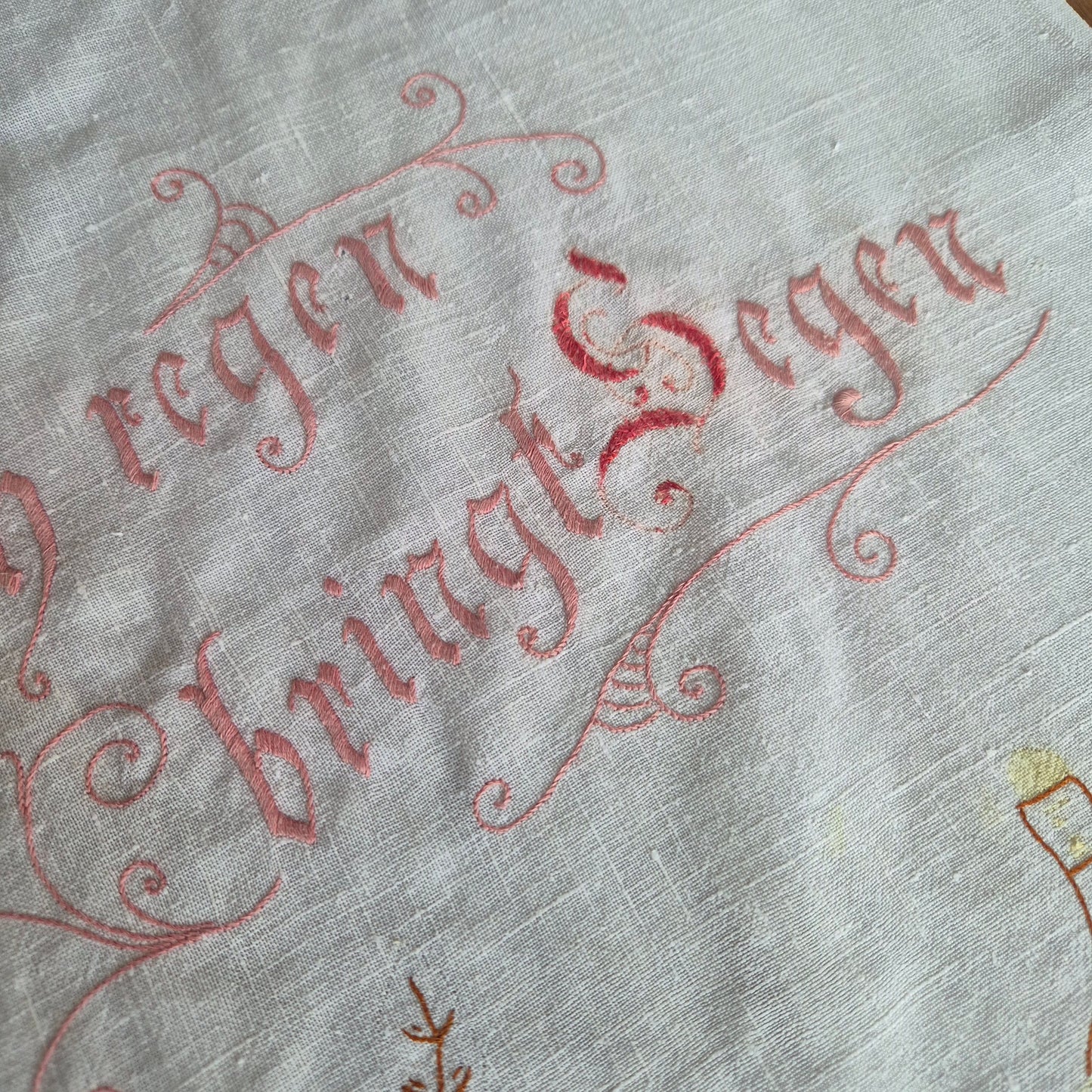 Altes Überhandtuch rot weiß verwaschen handmade 59x130cm "Sich regen bringt Segen"