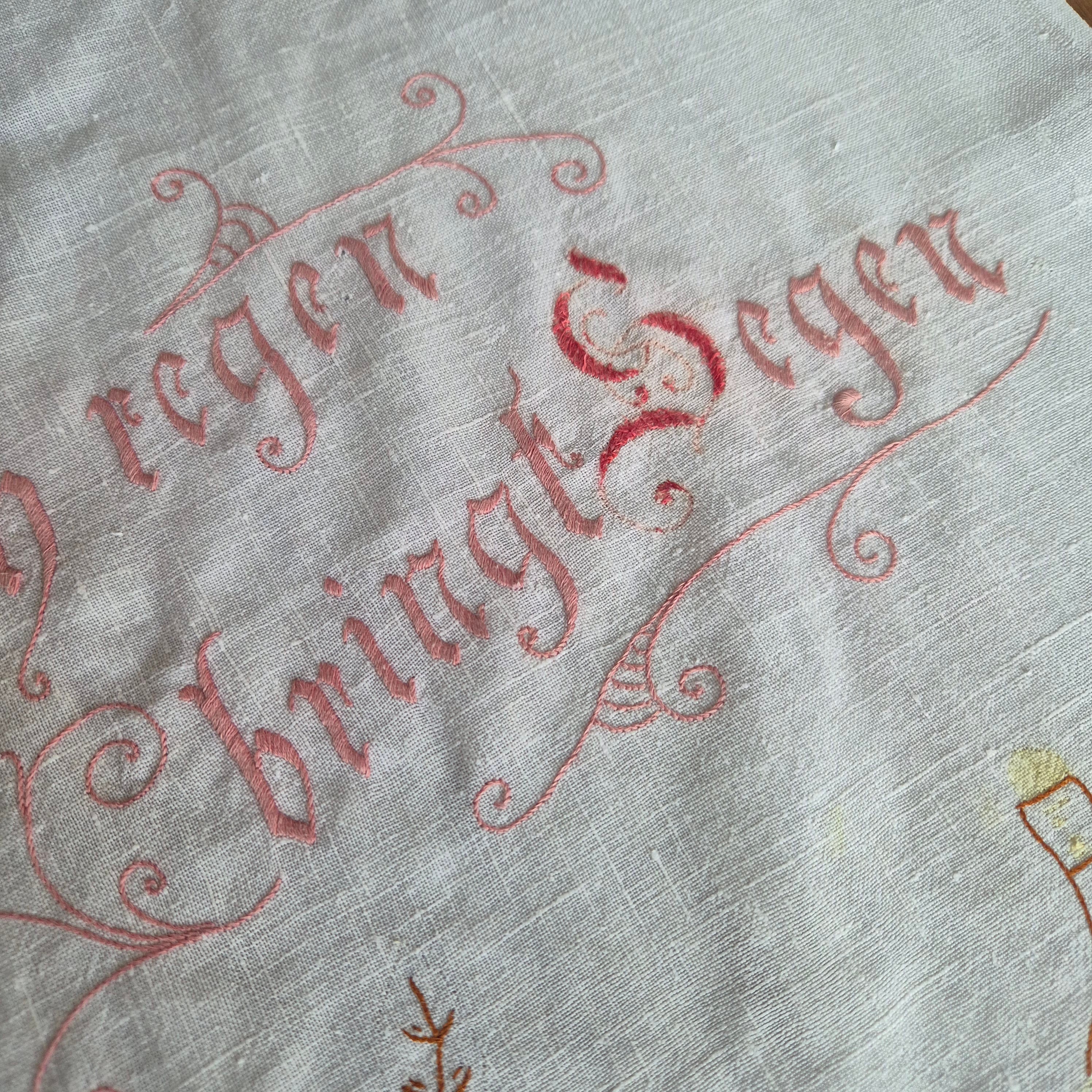 Altes Überhandtuch rot weiß verwaschen handmade 59x130cm "Sich regen bringt Segen"