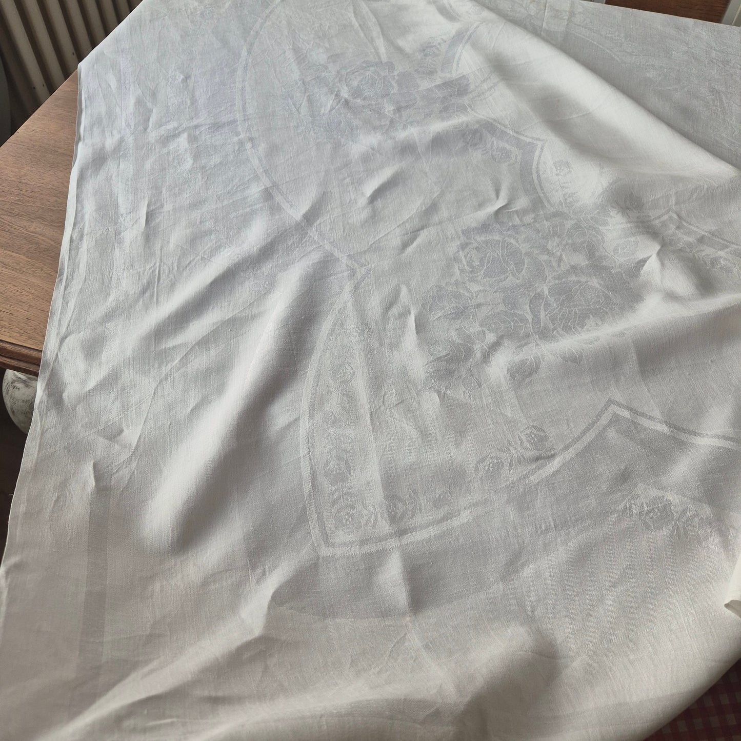 Antike Jugendstil Damast Baumwolle Tischdecke Weiß 160x160cm Rosenmuster