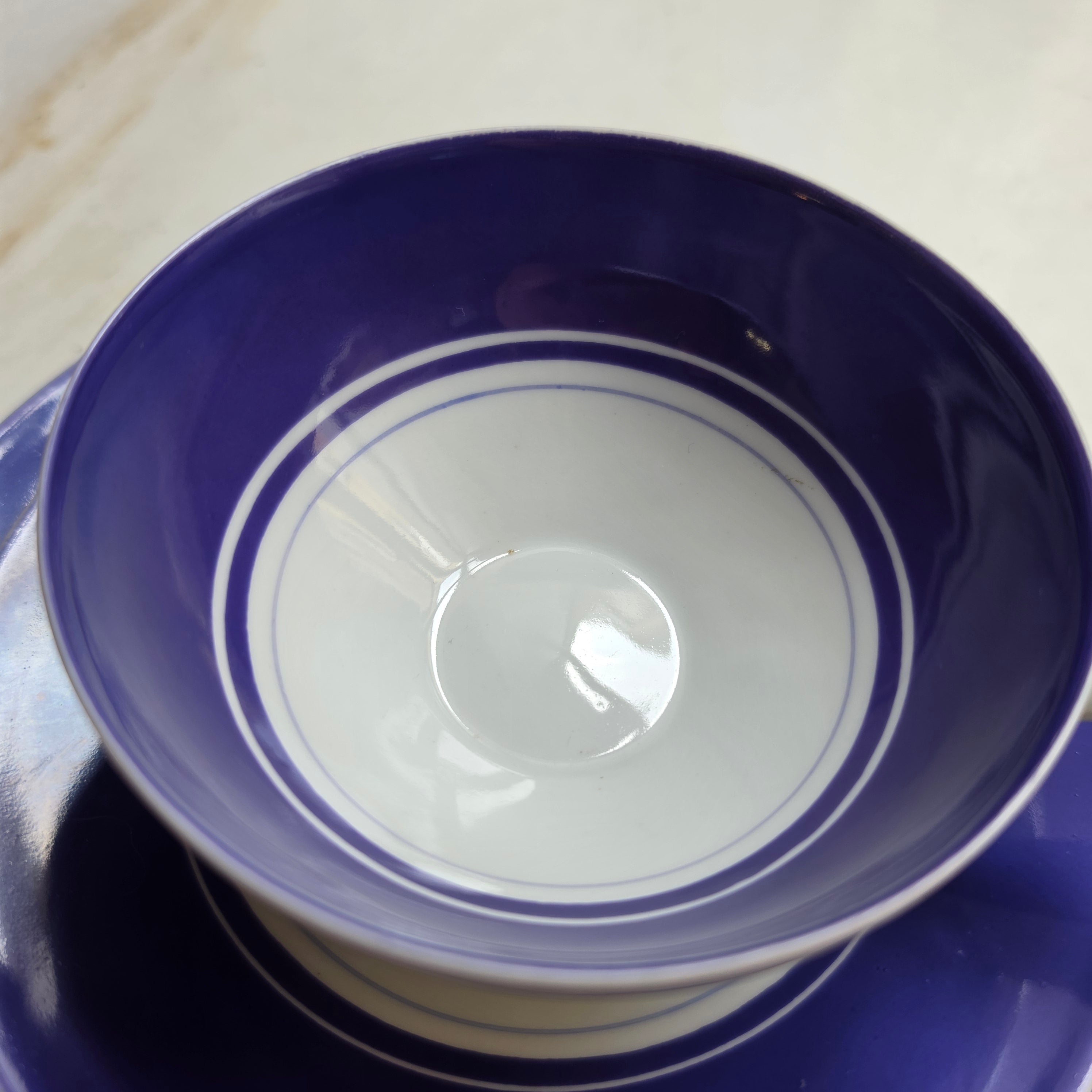 Vintage Porzellan Sammelgedeck 3-teilig – Kobaltblau & Weiß – Mid-Century Design