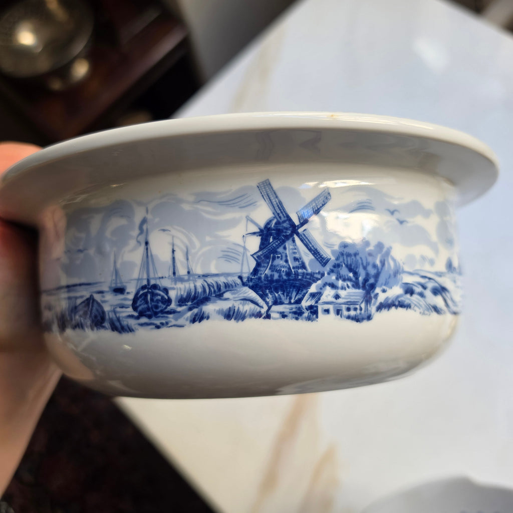 Vintage Freiberger Porzellan KERAflam Terrine / Schüssel mit Deckel – Blau-Weißes Windmühlen-Motiv