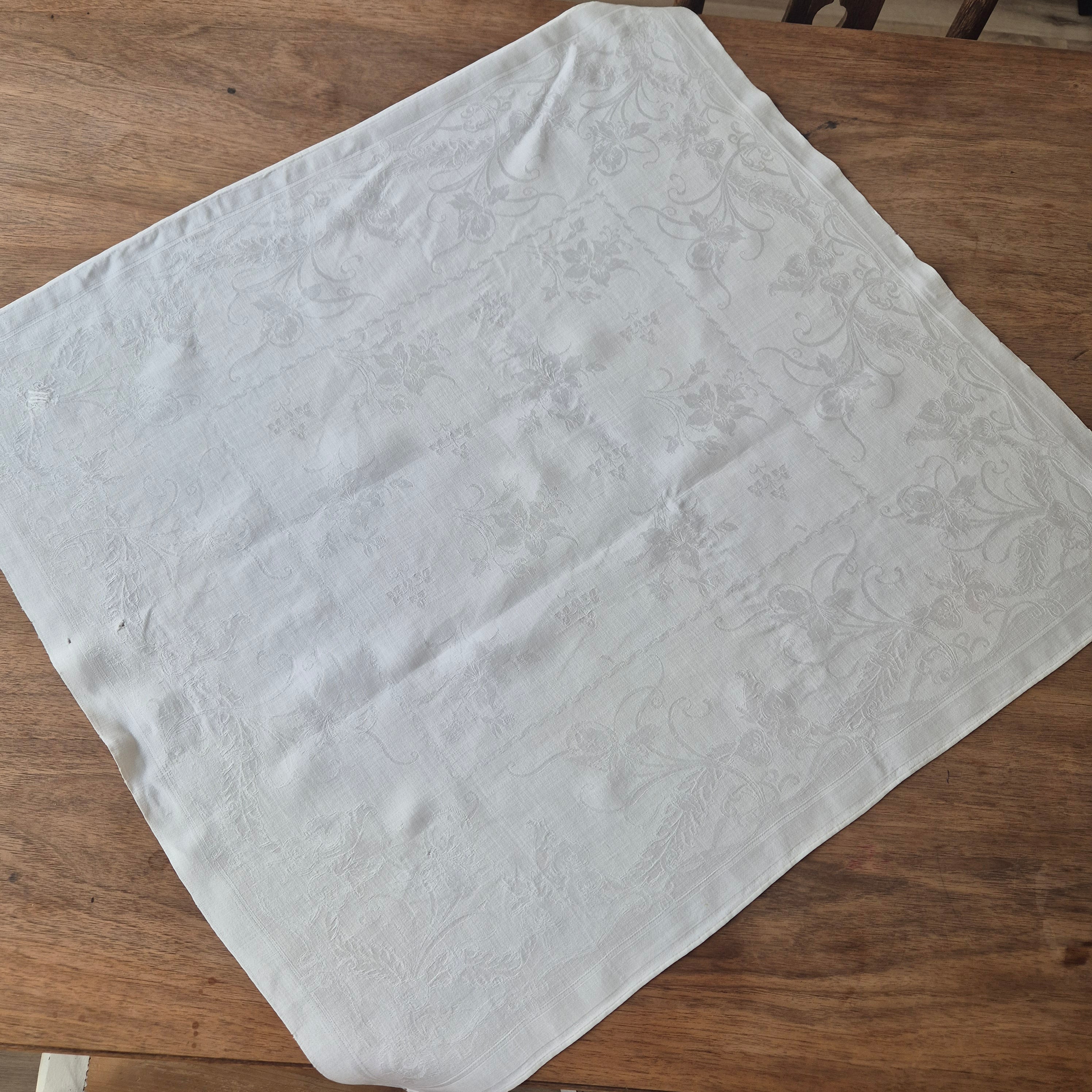 Antike Jugendstil Serviette Damast Baumwolle Monogramm M.weiß 71x68cm
