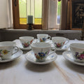 6x Antike Hutschenreuther Porzellan Tassen mit Untertassen mit Blumenmotiv Reliefrand Tee Kaffee