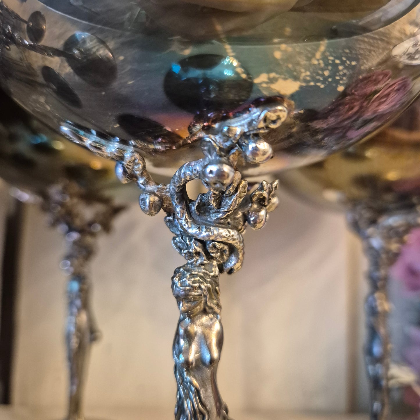 6x Dekorative Jugendstil Champagner Metallkelche versilbert - zum aufpolieren! "Eva mit Apfelbaum"