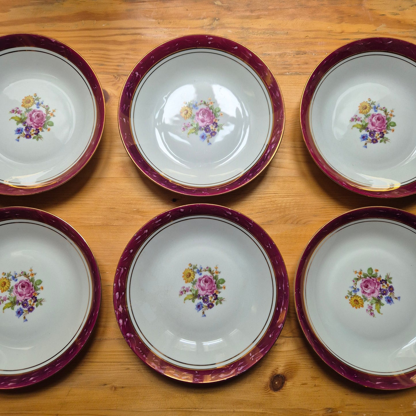 6x Antike tiefe Speiseteller Blumendekor weiß mit lila Goldrand